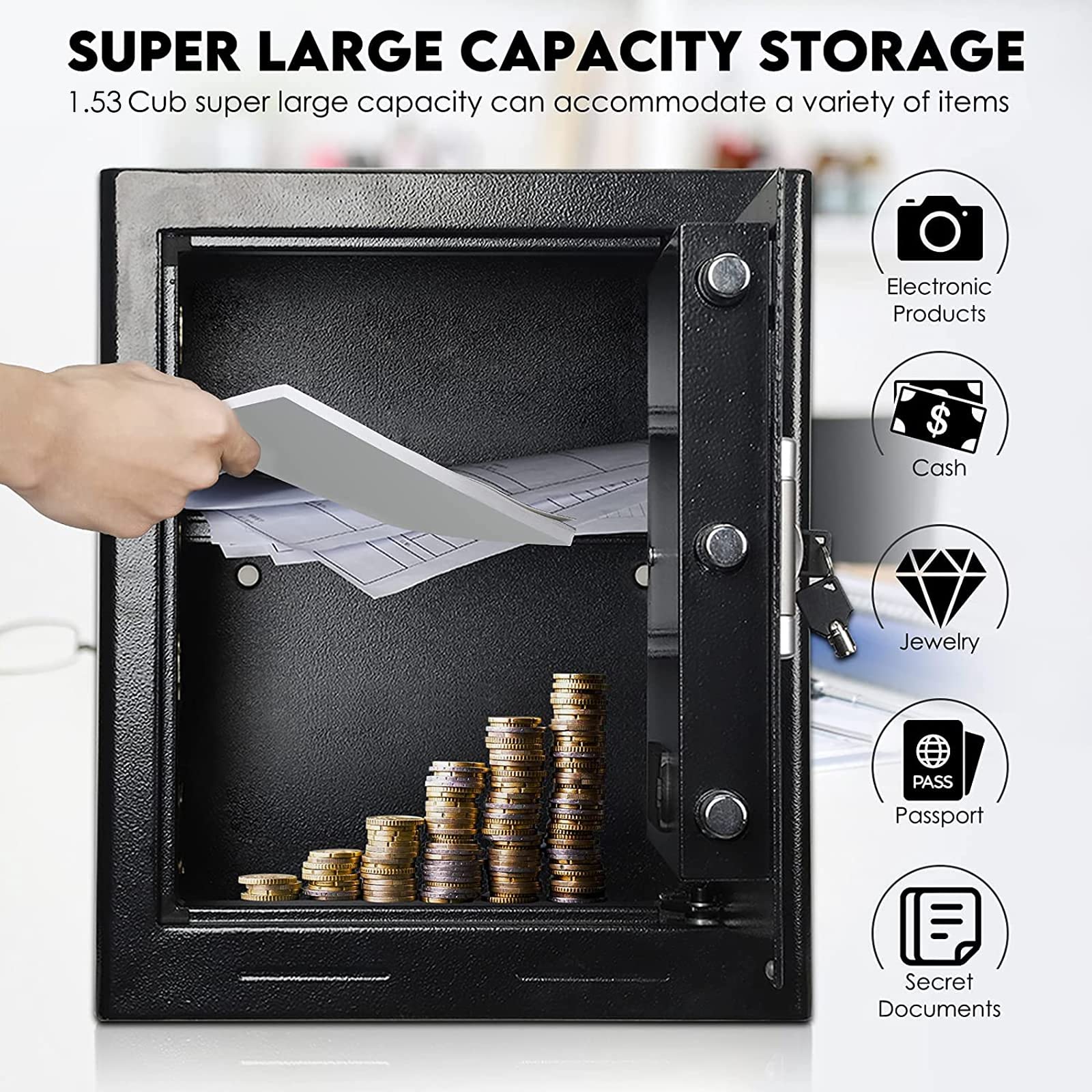 Cassaforte di Sicurezza a Muro, 43L Cassaforte da Armadio Elettronica Digitale Tre Bulloni con Codice e Chiave Cassaforte a Muro con Allarme per Uso Domestico, Hotel, Ufficio