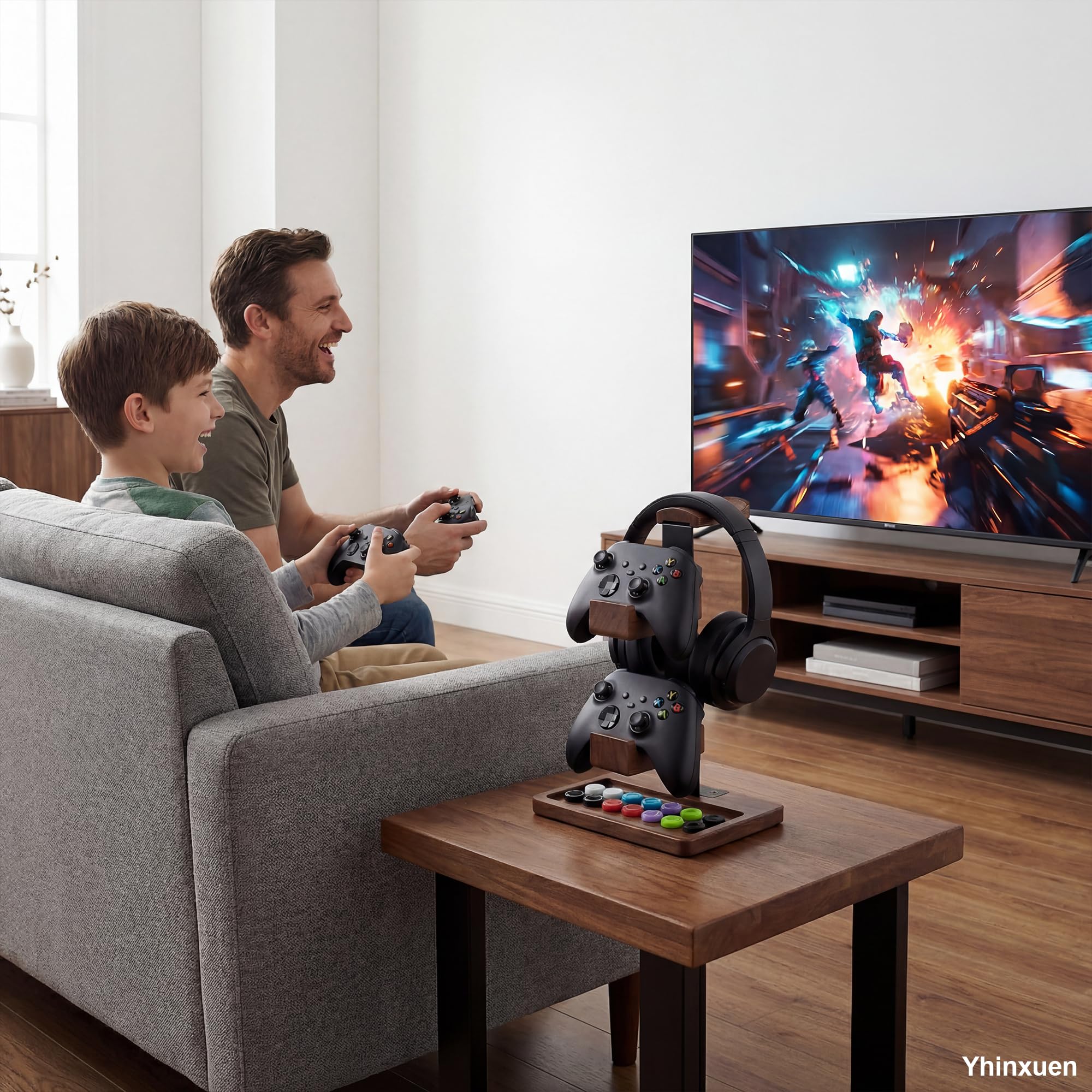 Massivholz Gaming Controller Halter Kopfhörer Ständer 2-in-1 doppelstöckig Aufbewahrungsregal