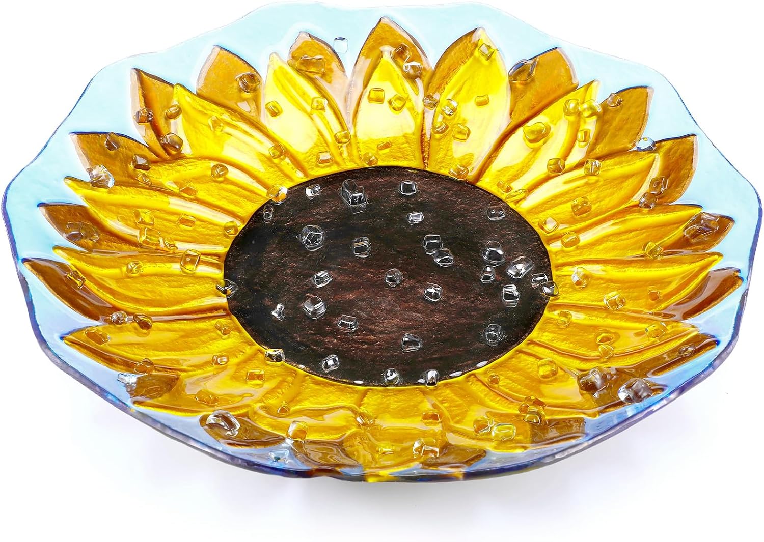 Glass Bird Bath Outdoors, 16" Bird Feeders for Outside, Hand Painted Glass Embossed Shape Birdbath Bowl, No Stand Included, Summer Sunflowers Garden Lawn Yard Decoration