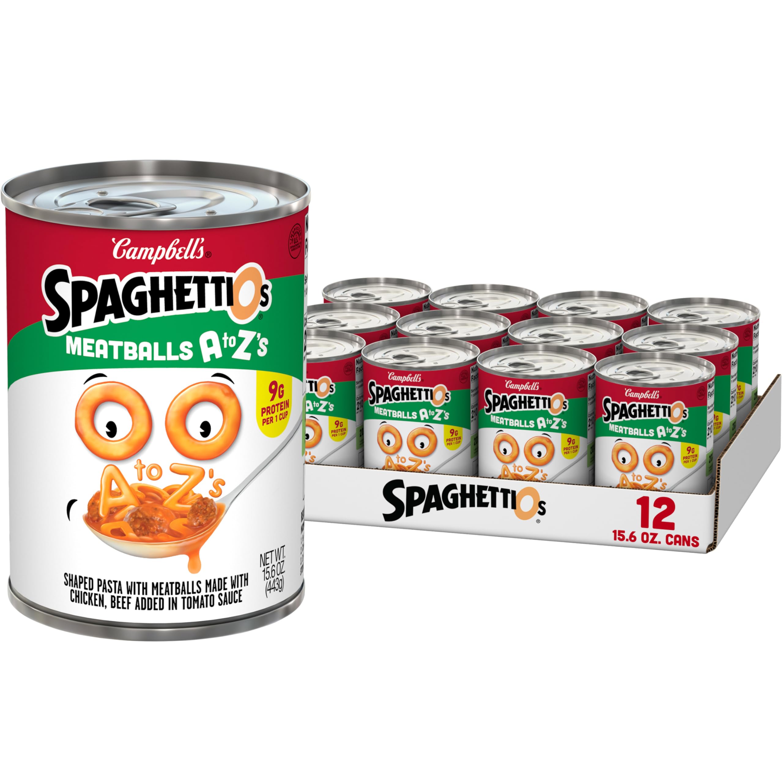 SpaghettiOs A to Z's Canned Pasta with Meatballs, 15.6 oz Can (Pack of 12)