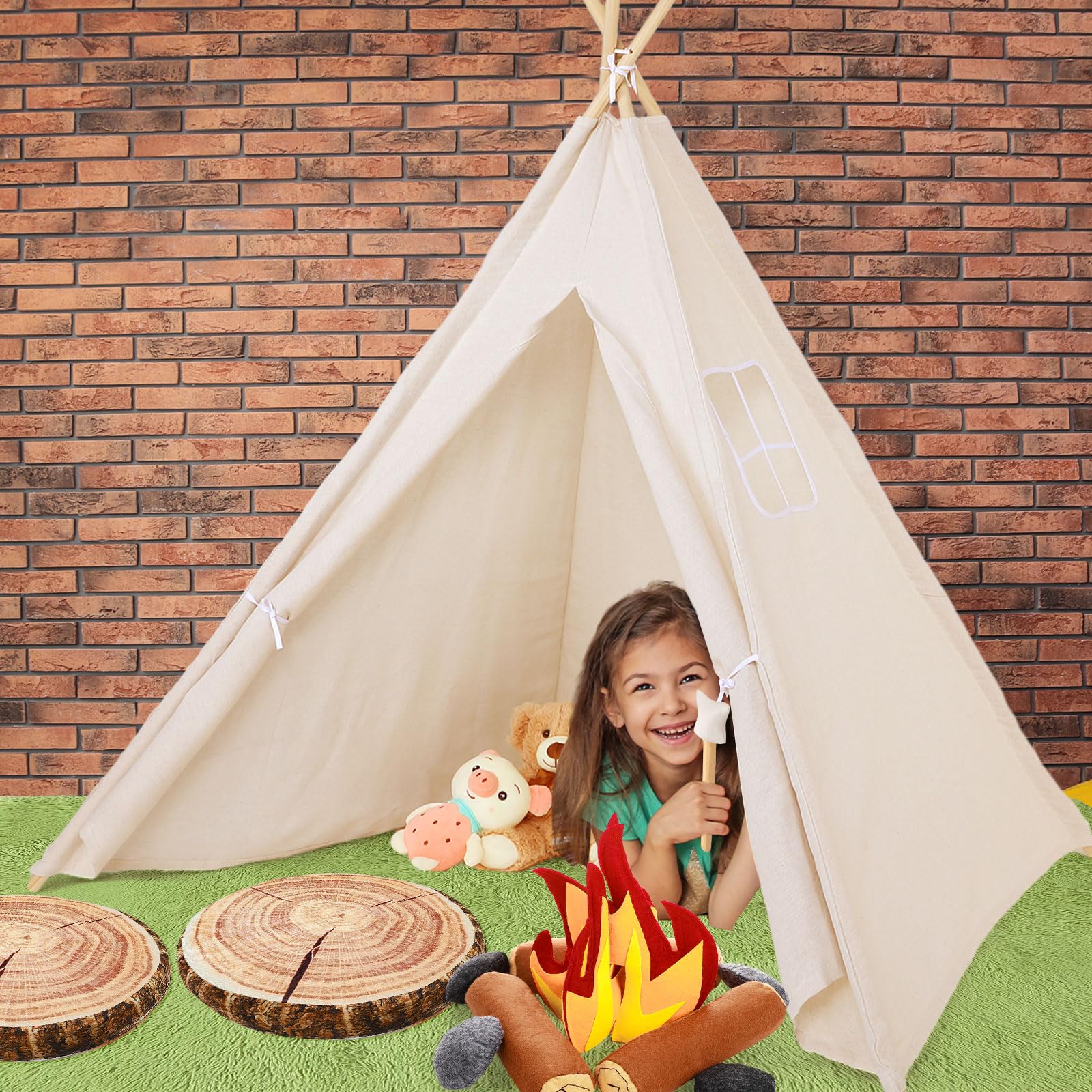 Kigley 27 Pcs Pretend Camping Play Set Includes Kid Teepee Beige Indoor Play Tent Felt Campfire Toys Wooden Print Throw Pillow Floor Cushion Fluffy Carpets for Boy Girl Adult Dramatic Play Decoration - Image 7