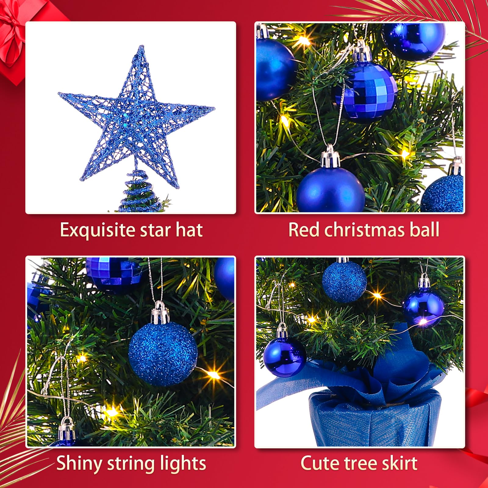Lot de 24 mini sapins de Noël artificiels de table de 61 cm avec lumières - Décorations de Noël pour sapin de Noël, décorations de bureau (bleu roi)