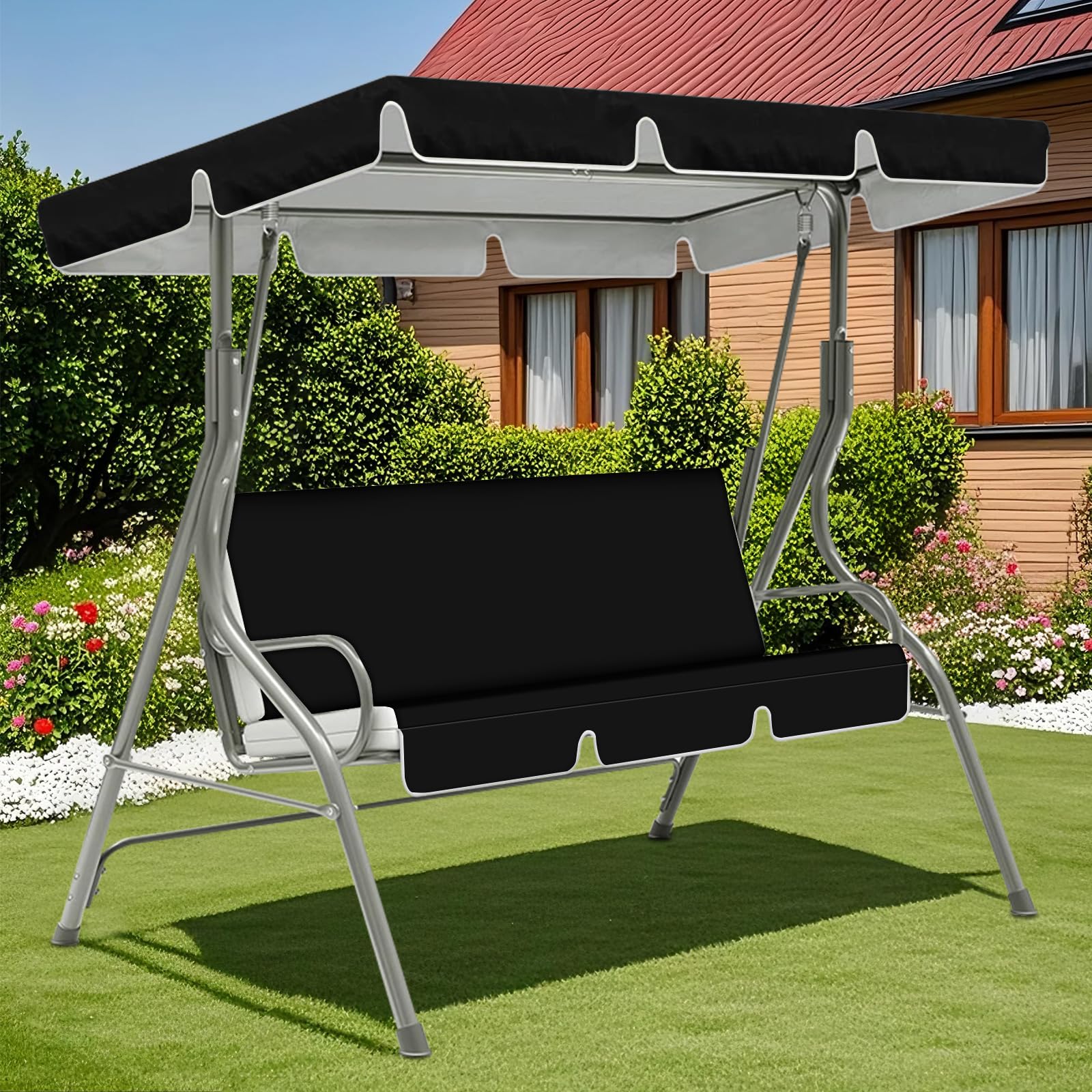 ZYBSLCSY Swing Chair Canopy Replacement and Garden Swing Seat Cover Fit for 2 3 Seater, Waterproof Hammock Canopy Top Cover Windproof Anti-Uv Heavy Duty Rip Proof (Black,D+F) โ image 1