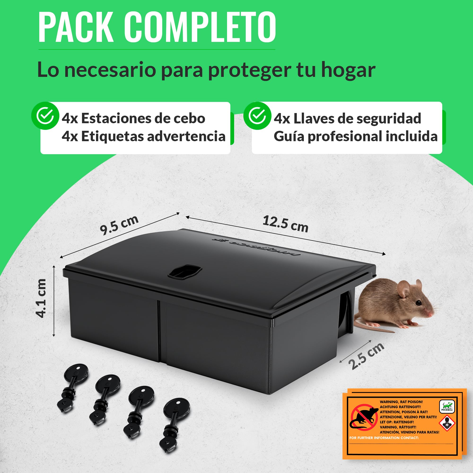 Mice&Co Portacebos para Ratones con Llave - Estación de Cebo para Pequeños Roedores - Trampa Ratones Profesional Caja para Cebo Veneno | Pack 4 Unidades