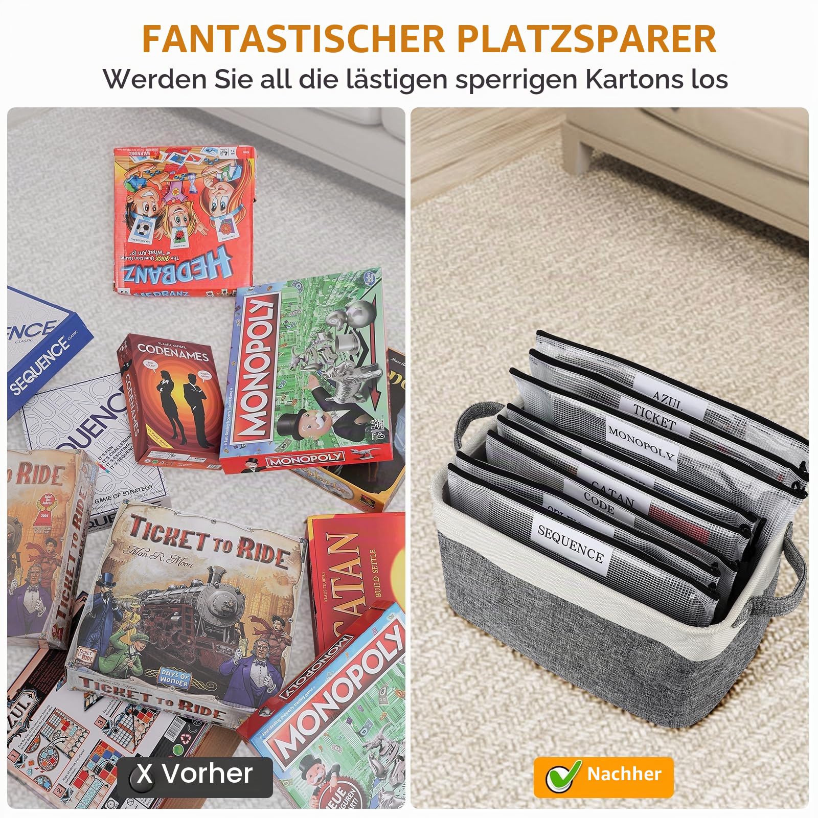 Brettspiel-Aufbewahrungs-Set enthält Aufbewahrungskorb und 10 Reißverschlusstaschen, Brettspiel-Organizer mit beschreibbaren Aufklebern und Dosierung, geeignet für Puzzle-Aufbewahrung, Spielzeug Spielzeug