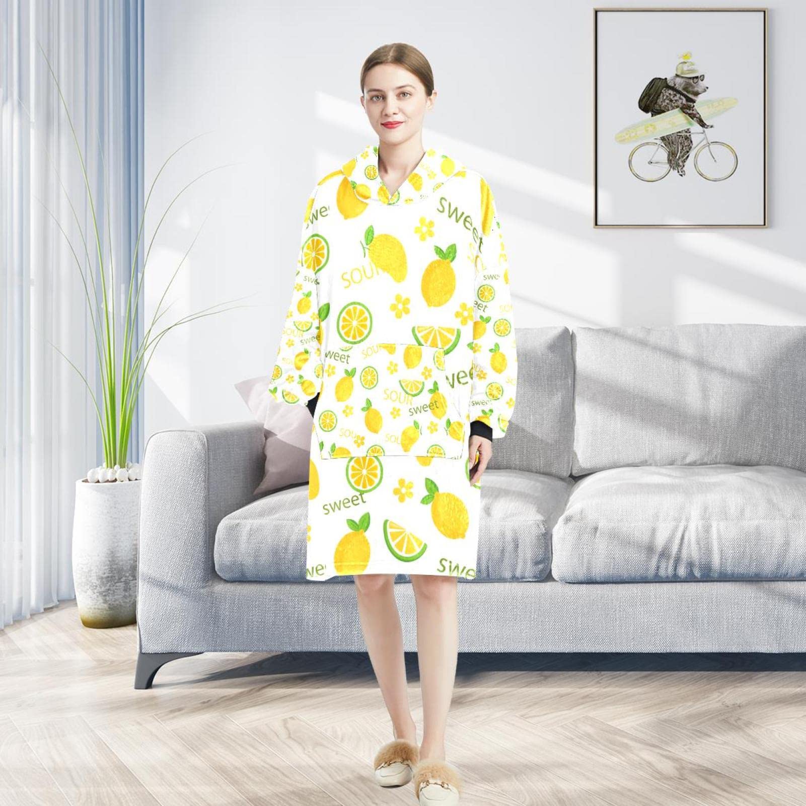 Wzór cytryn do noszenia koc bluza z kapturem, oversize z kapturem dla kobiet, wygodna bluza, wielobarwny, rozmiar uniwersalny
