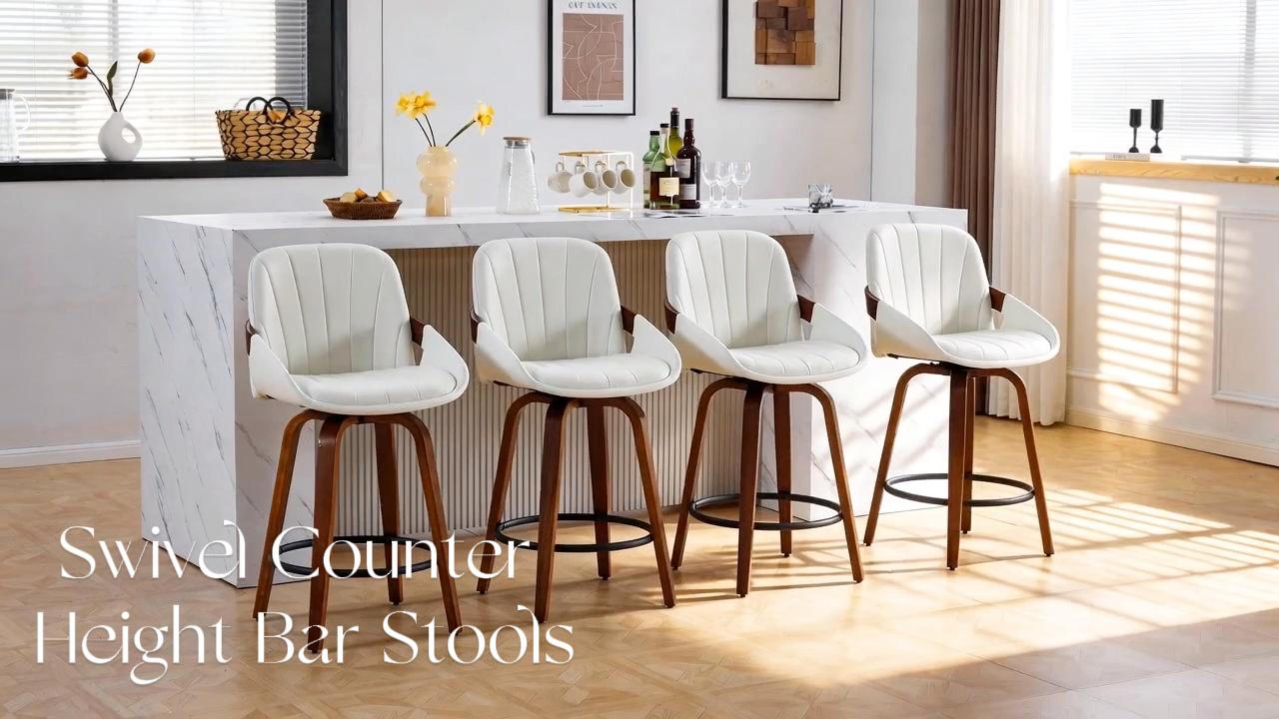 Butacos giratorios de bar de 26 pulgadas, juego de 6, color gris, asiento tapizado en tela de lino, patas de madera de nogal, estilo moderno para isla de cocina o barra miniatura 7