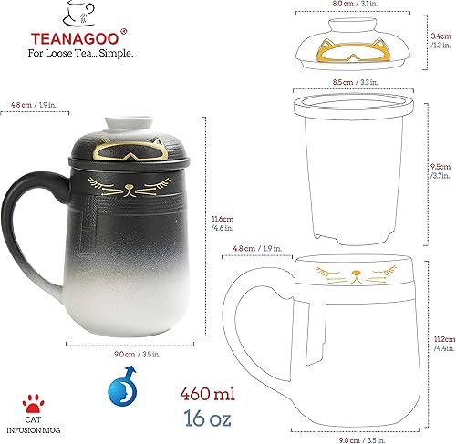 Miniatura 5 de TEANAGOO Taza infusora de té de cerámica para gatos con tapa, 15.6 fl oz  16 onzas, degradado de negro a blanco, juego de tazas de té japonesas