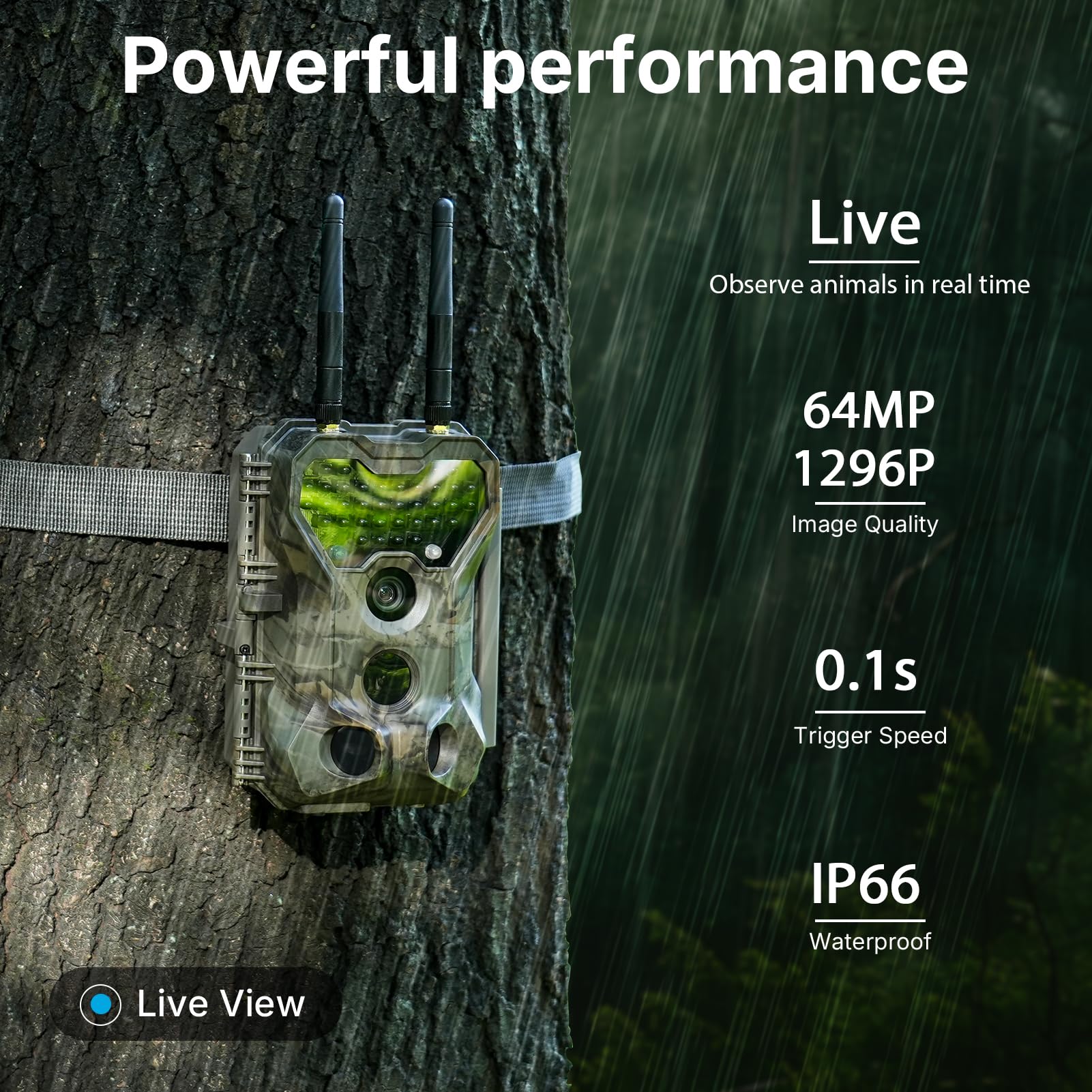 Meidase P300 Cámara de Caza, WiFi Bluetooth 50m Alcance de Conexión, Doble Antena, 64mp 1296p, Visión Nocturna, Activación Movimiento, Ip66 Impermeable, Transferencia App, Monitoreo Exterior