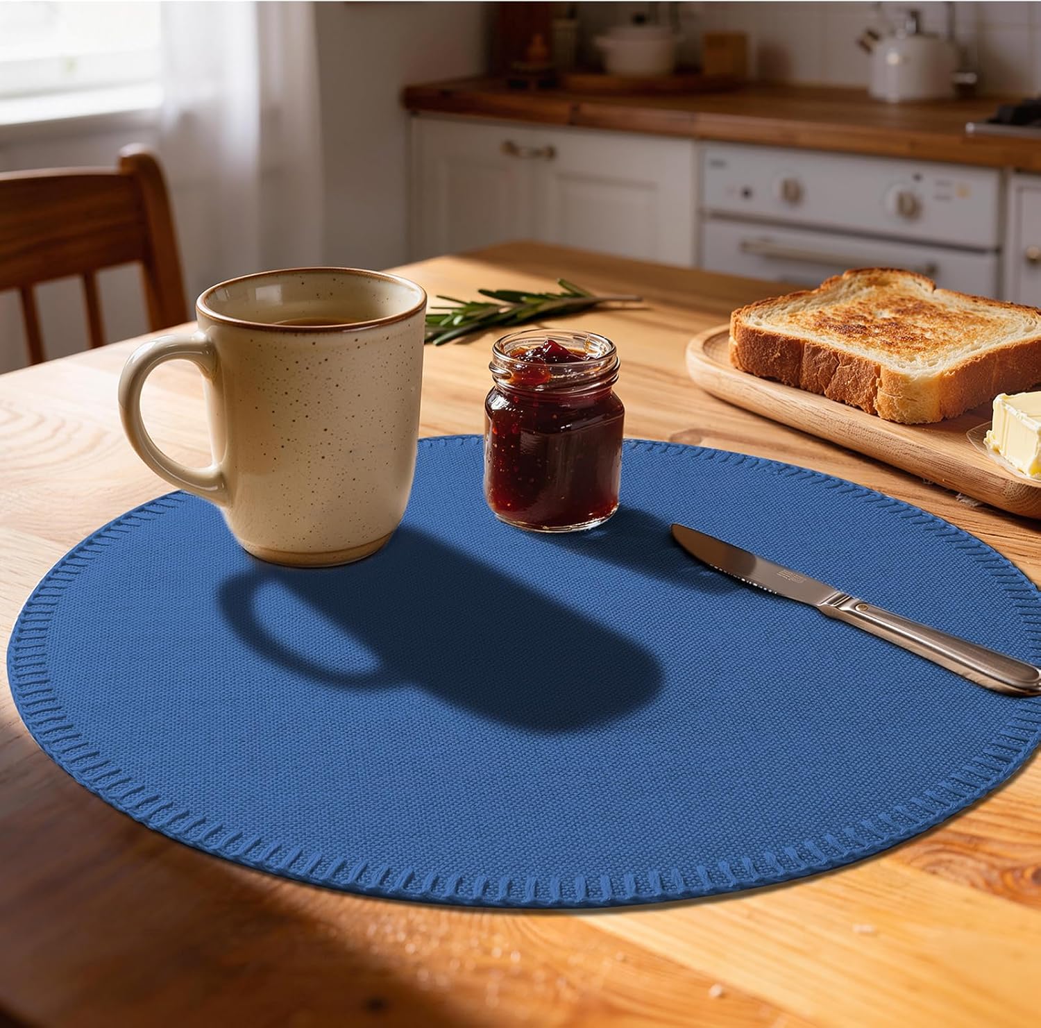 Round Placemats Set of 8 - Machine Washable Linen-Like Cloth Place Mats & Heat-Resistant for Dining Table - Ideal for Family Meals, Daily Use, and Holiday Gatherings (Navy Blue)