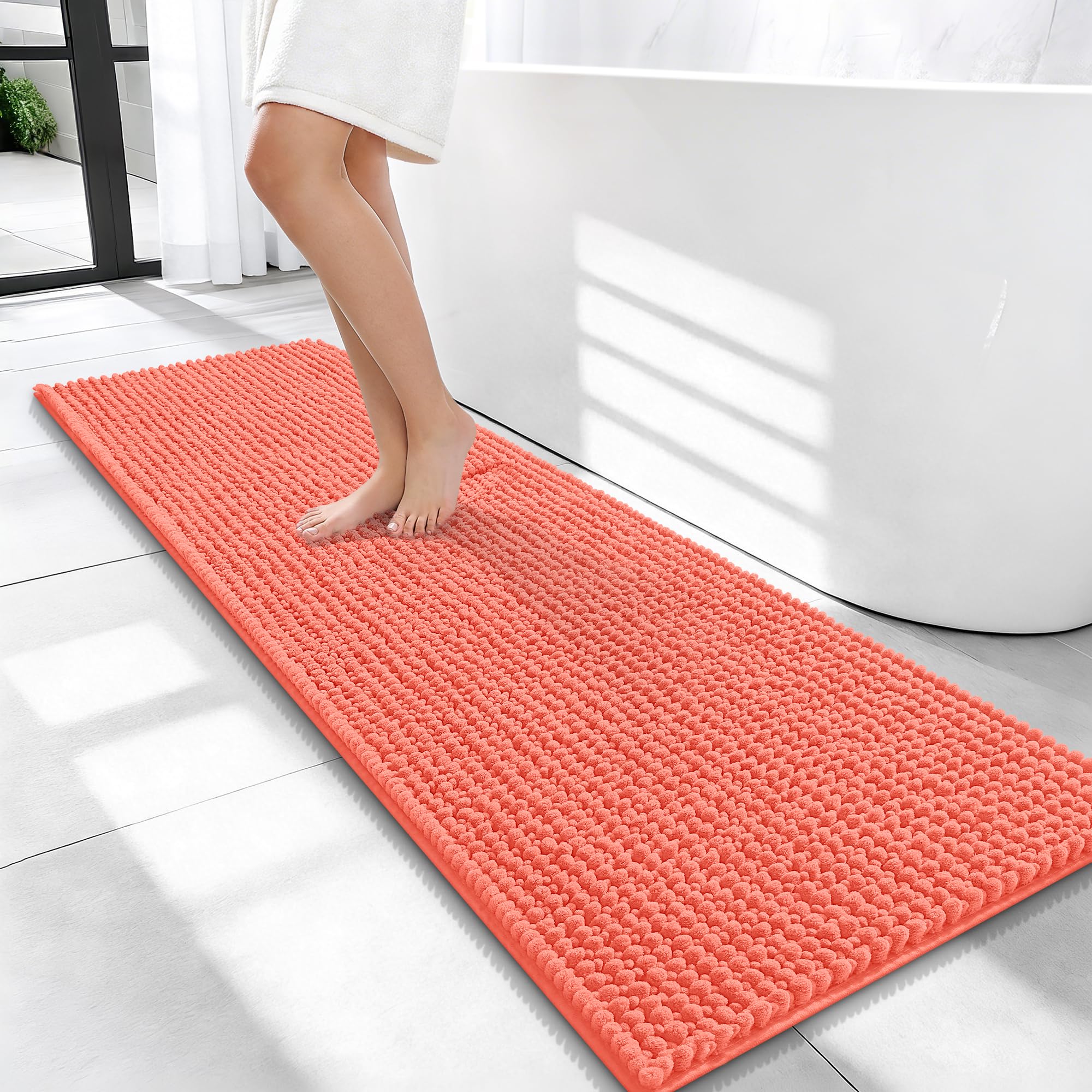 OLANLY Thick Chenille Bathroom Runner Rugs 47x17, Absorbent Bath Mat, Coral