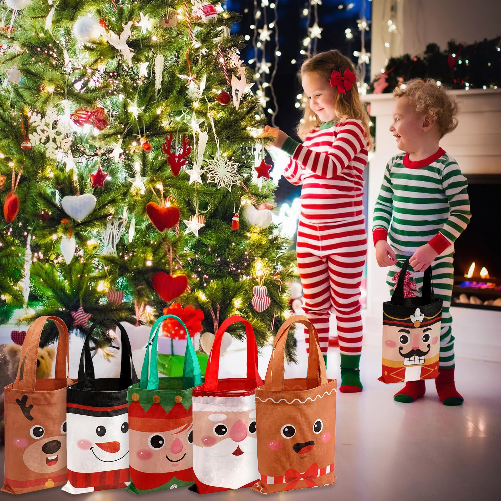 Photect 32 Bolsas de Navidad No Tejidas Bolsas de Golosinas de Navidad de Asas Bolsas de Regalo Navideñas de Mano de Papá Noel para Niños Dulces Envoltura de Regalos de Vacaciones Recuerdos de Fiesta