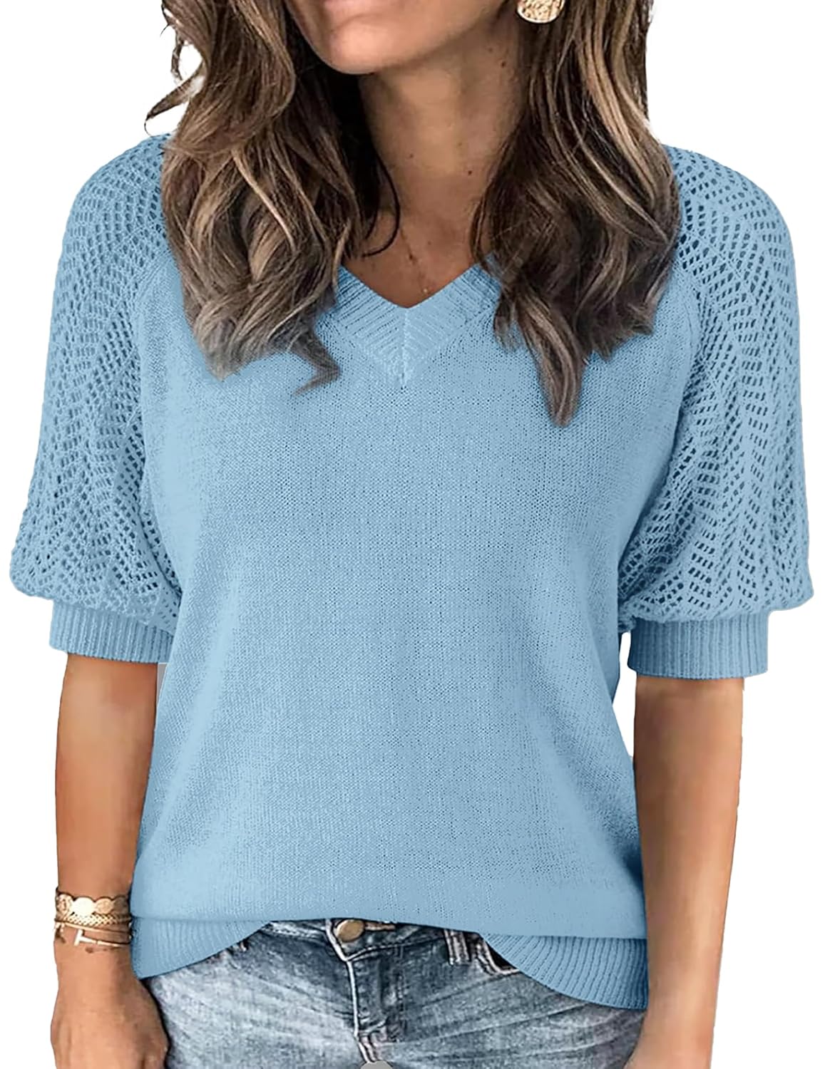 Women Half Sleeve Knitted Sweater Fall Summer Solid Hollow Crochet Top - V Neck Elasticity No Pilling Lightweight