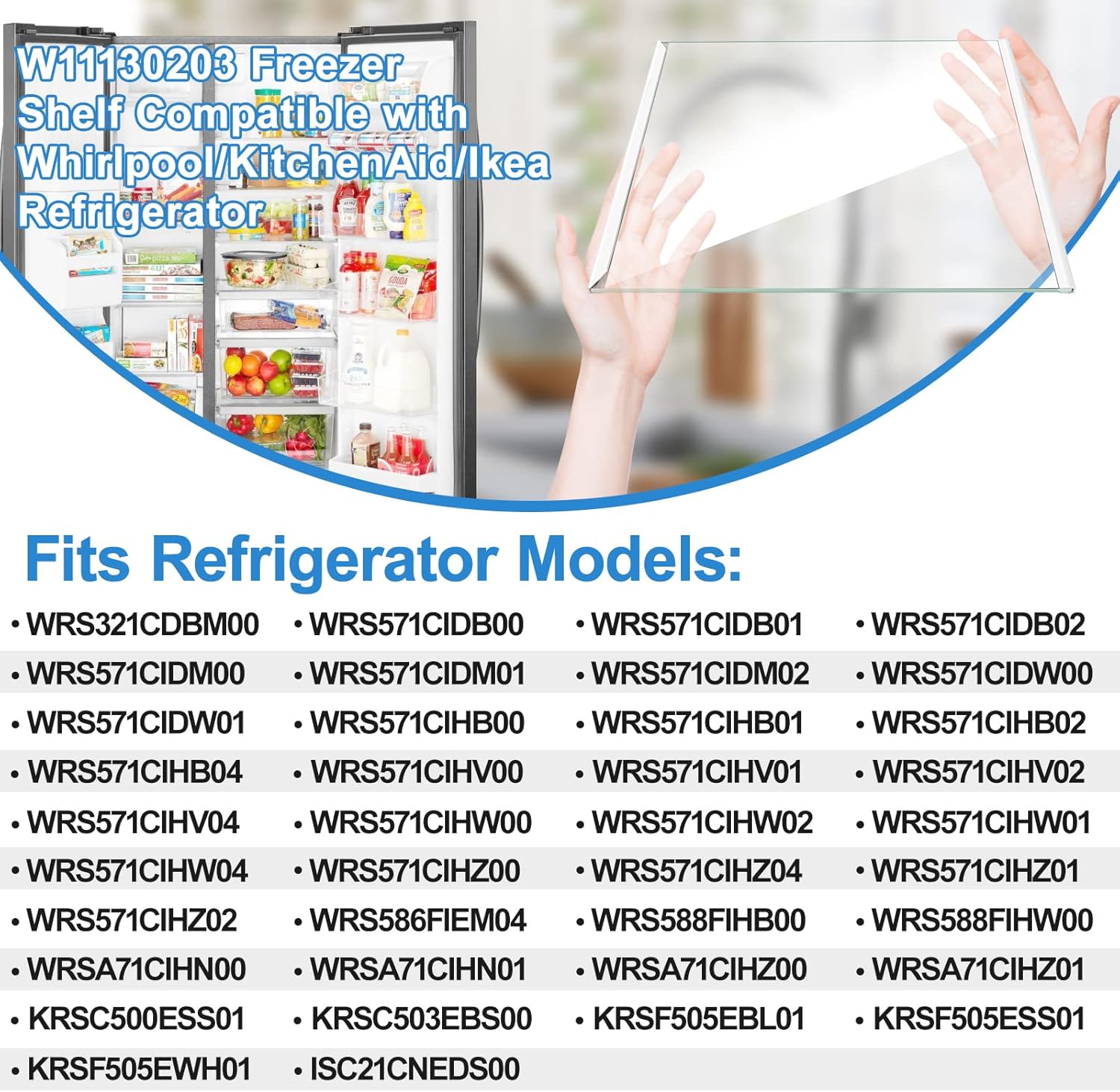 [2 PACK] UPGRADED W11130203 Freezer Glass Shelf Replacement Compatible with Whirlpool Freezer Shelf Replacement Refrigerator Glass Freezer Shelves Parts W10527849, W10773887, AP6262440, PS12347522