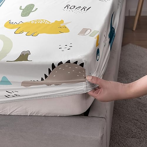 Miniatura 5 de BailiPromise Juego de sábanas bajeras y sábanas encimeras Kawaii para niños, con estampado de dinosaurios, con 2 fundas de almohada para dormitorio
