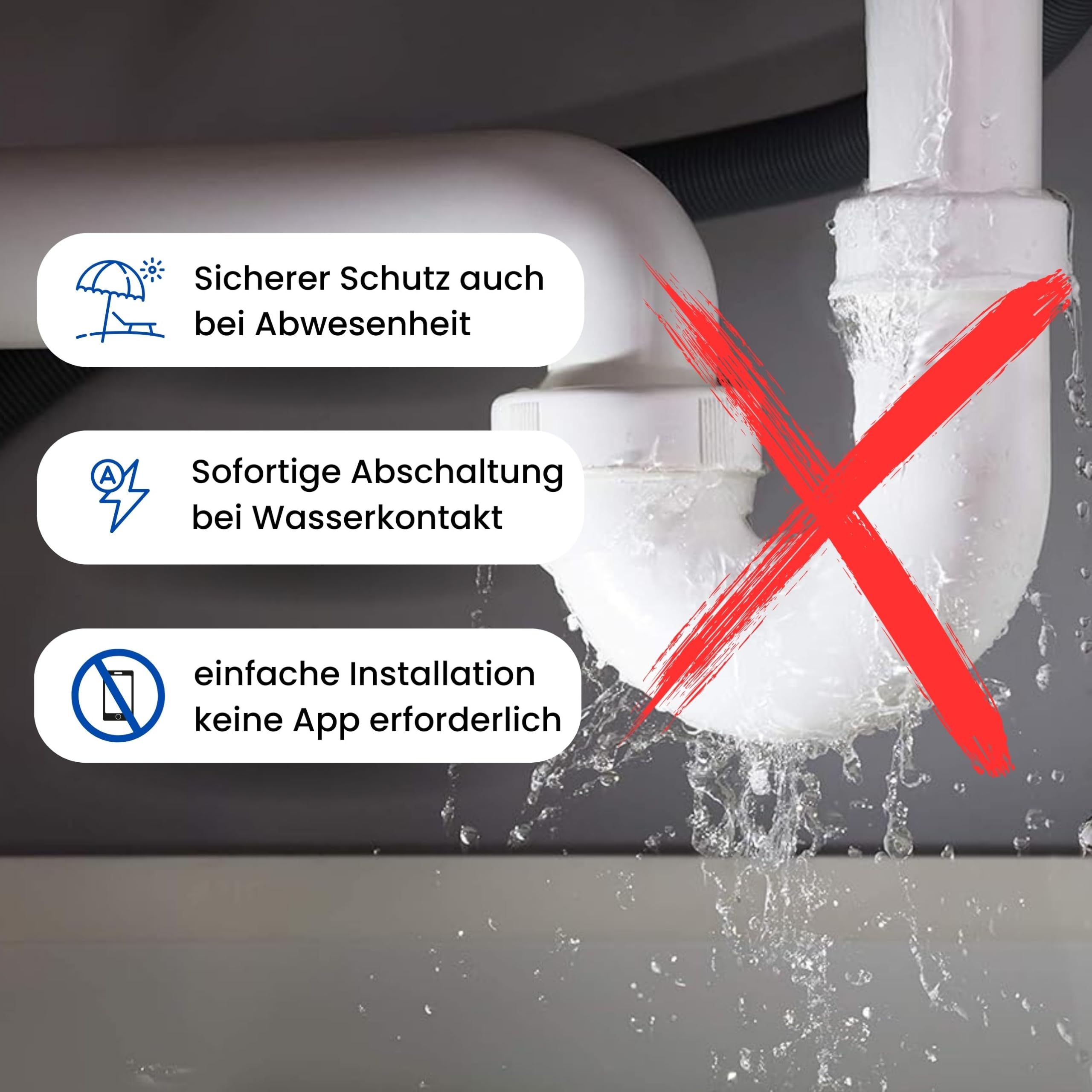 Wassermelder mit Abschaltung, automatisches Magnet-Absperrventil 3/8 Zoll, schließt sofort bei Wasserkontakt die Wasserleitung, schützt vor Wasserschäden, für Filteranlagen, Osmose-Anlagen, Quooka