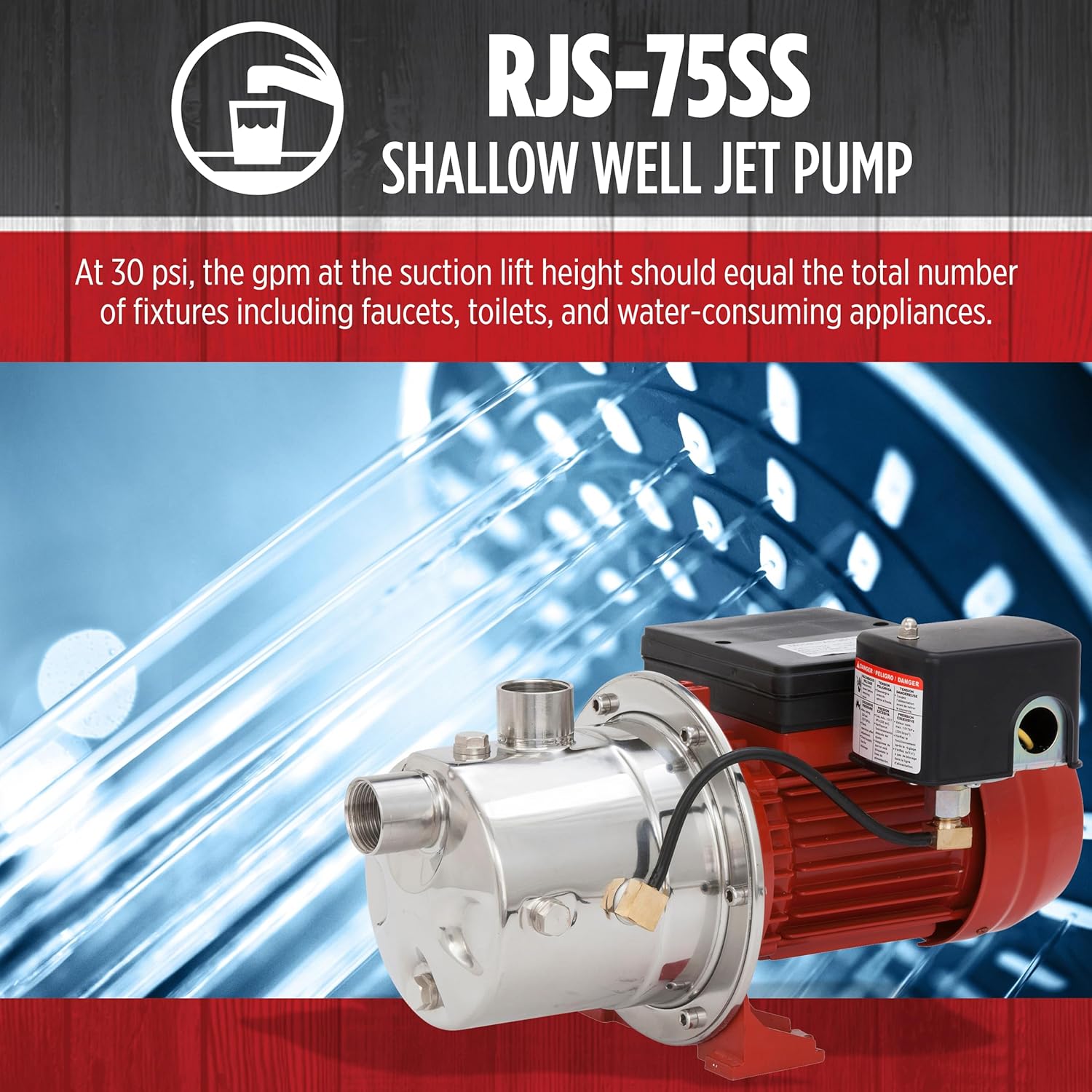 Red Lion RJS-75SS 115/230 Volt, 3/4 HP, 12.8 GPM Stainless Steel Shallow Well Jet Pump For Wells Up To 25' Deep, Red, 97080702