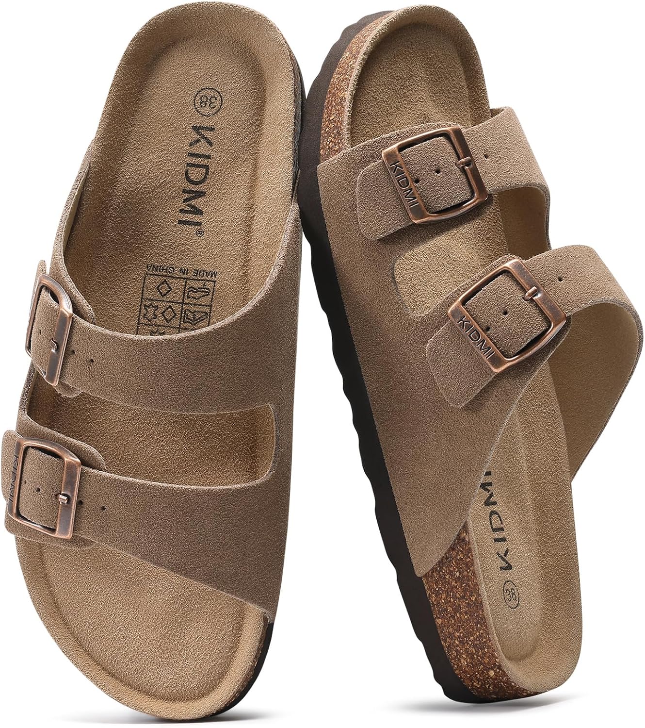 KIDMI Women's Genuine Suede Summer Sandals Arch Support Cork Footbed Slide Sandals with Double Adjustable Buckle