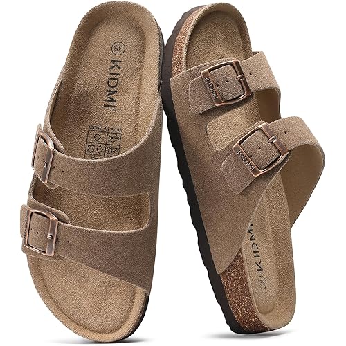 KIDMI Unisex Genuine Suede Summer Sandals Arch Support Cork Footbed Slide Sandals with Double Adjustable Buckle for Women Men