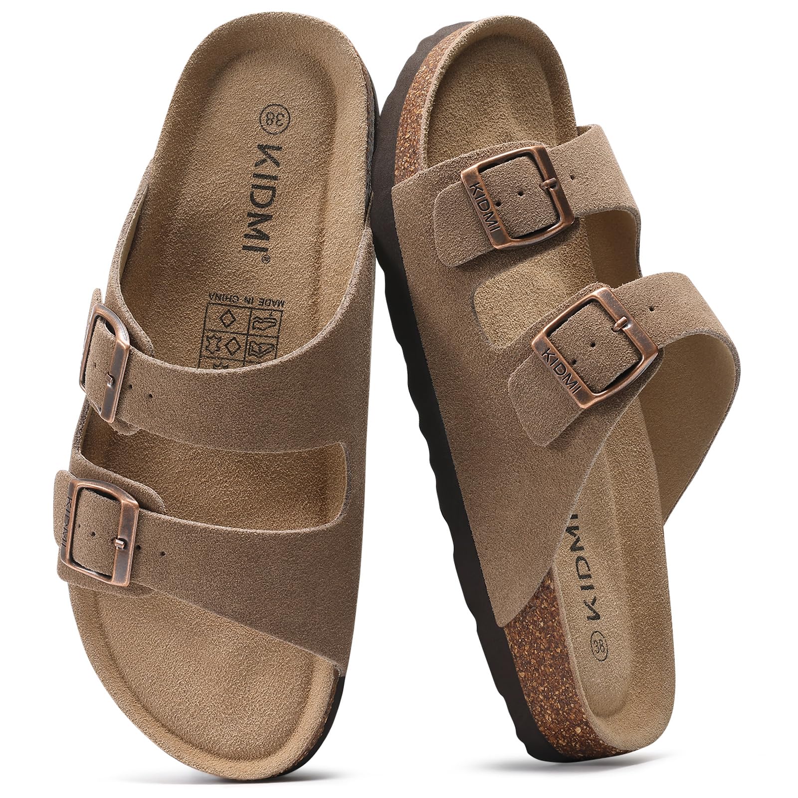 KIDMI Unisex Genuine Suede Summer Sandals Arch Support Cork Footbed Slide Sandals with Double Adjustable Buckle for Women Men