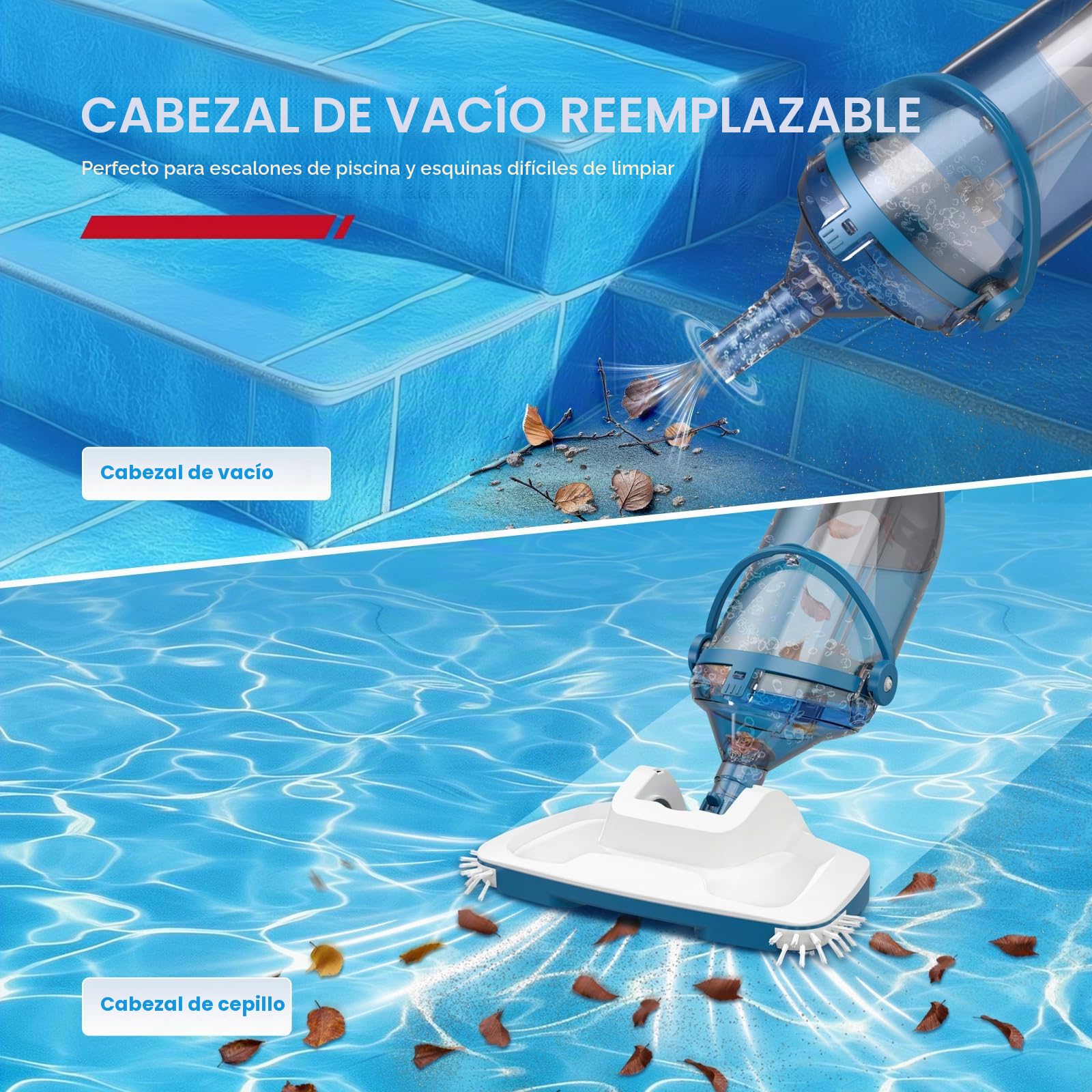 Enhulk Aspiradora de Piscinas a batería, Cabezal Mejorado de 34 cm, Tiempo de Funcionamiento de hasta 60 Minutos, Limpiador de Piscinas con 3 filtros y pértiga telescópica, succión de hasta 4200 l/h