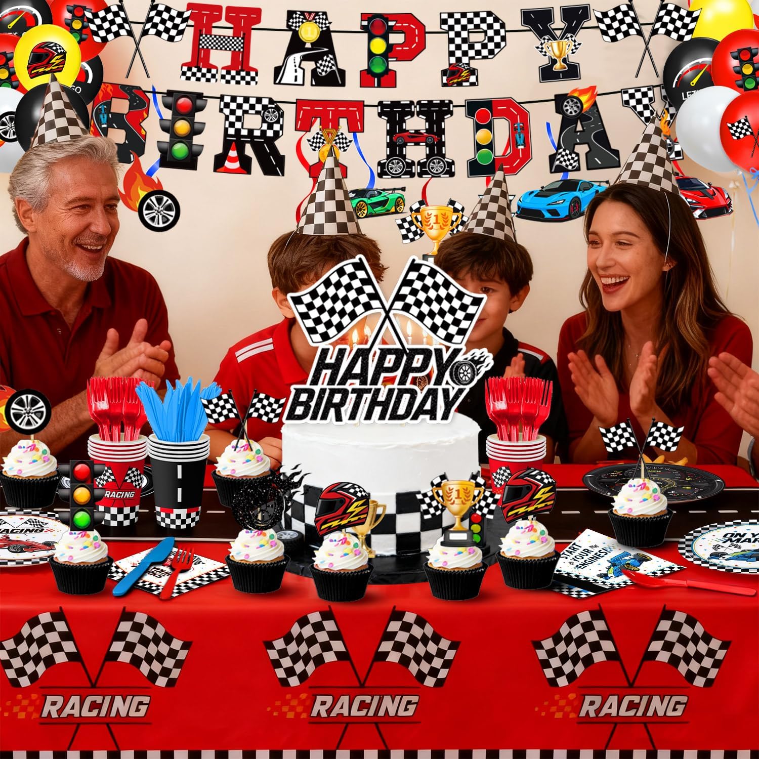 Race Car Birthday Party Decorations Cars Birthday Decorations - Plates, Napkins, Cups, Banner, Hanging Swirls, Tablecloths, Balloons, Honeycomb Centerpieces for Boys Car Decorations, Serves 24 - Image 5