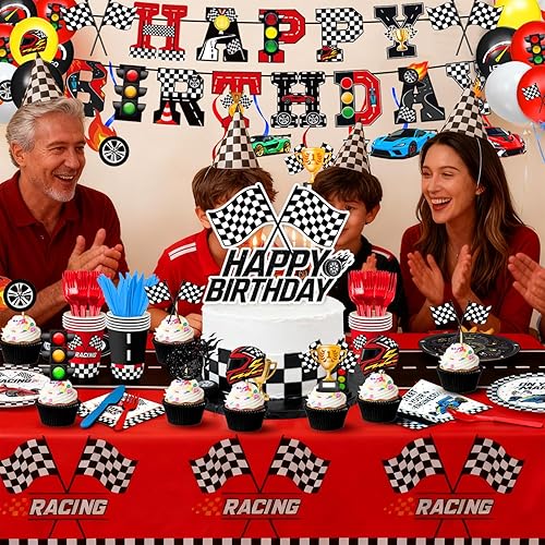 Vista 5 de Decoración de fiesta de cumpleaños de autos de carreras, decoraciones de cumpleaños de autos: platos, servilletas, vasos, pancarta, remolinos