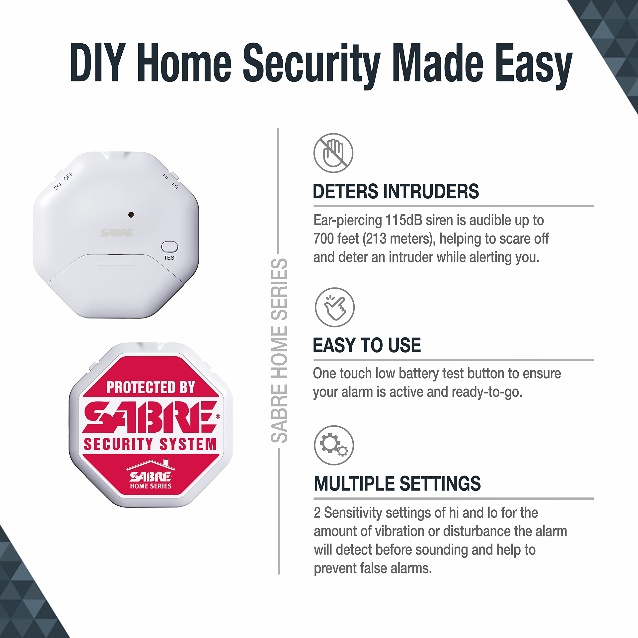 SABRE Alarme de sécurité sans Fil – Sirène extrêmement puissante de 120 DB, portée jusqu'à 450 m, Tapis antidérapant, Compact, Parfait pour la Maison, Les Voyages, l'appartement ou Le dortoir