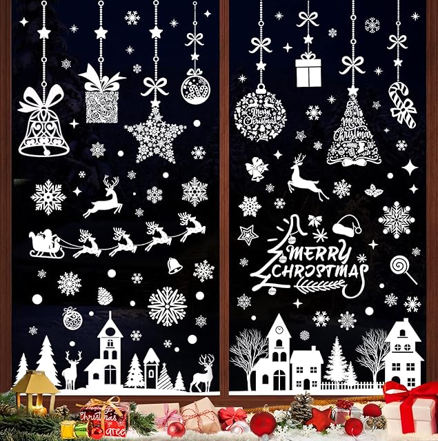 193 Pcs Christmas Window Stickers Cling, White Xmas Window Stickers Reusable, Double Side Window Stickers Christmas Scene for Christmas Decorations with Large Snowflake Reindeer Tree for Glass Decals
