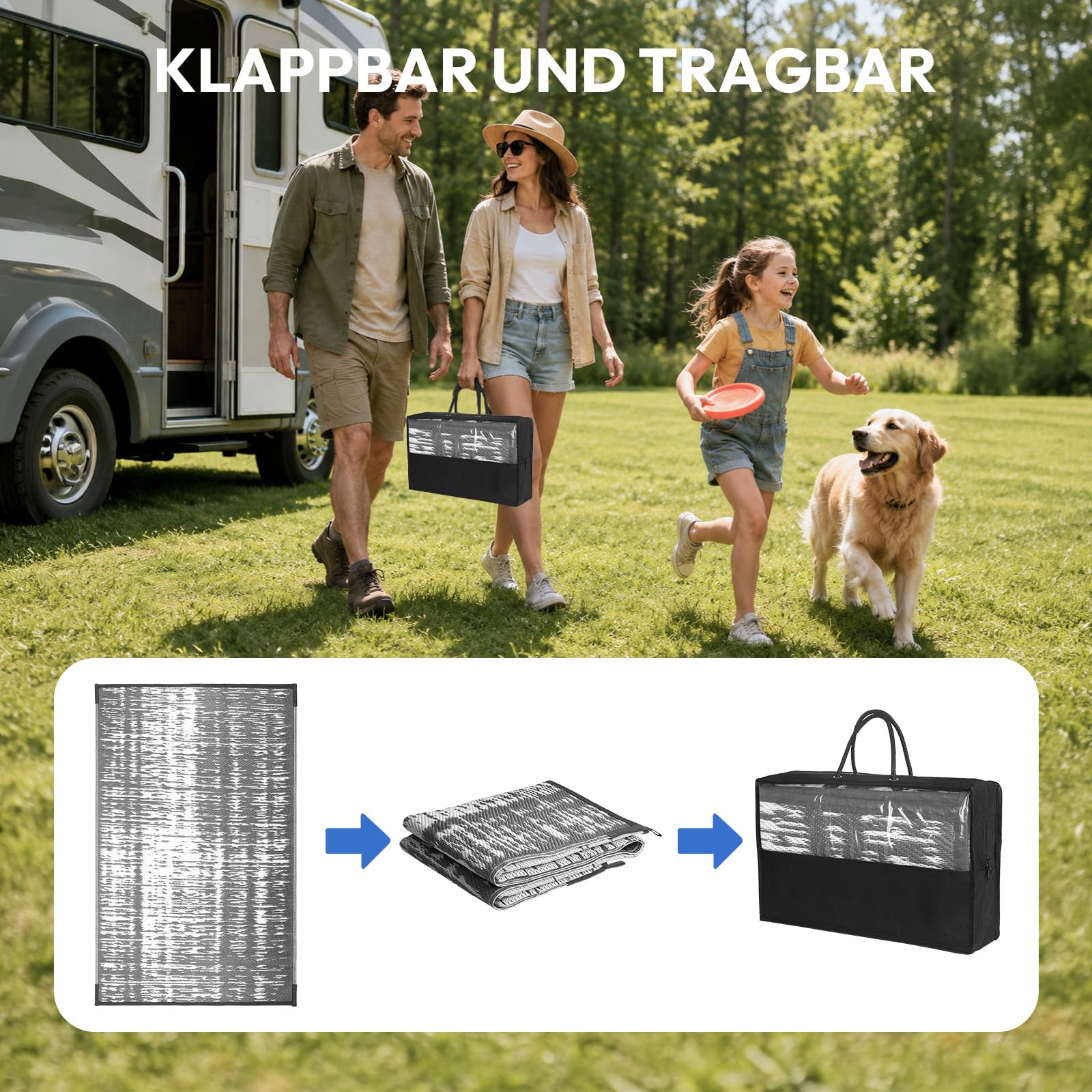 Treeboy Outdoor Teppich Wetterfest 180x270cm Reversible Matte aus Kunststoff Stroh UV-beständig Campingmatte Recycling für Patio Balkon Strand BBQ Picknick Deck,Grau & Weiß
