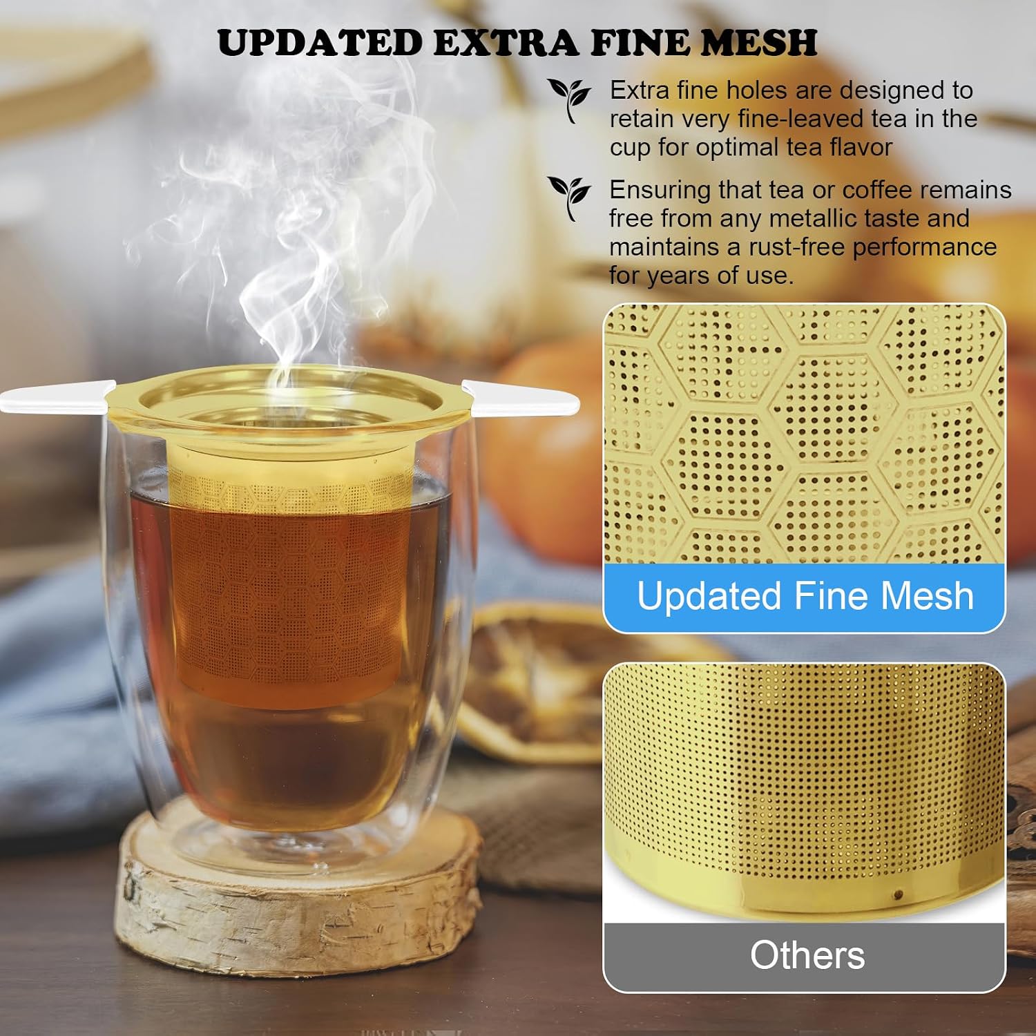 Tea Infuser for Loose Leaf Tea, 304 Stainless Steel Strainer Basket Gold