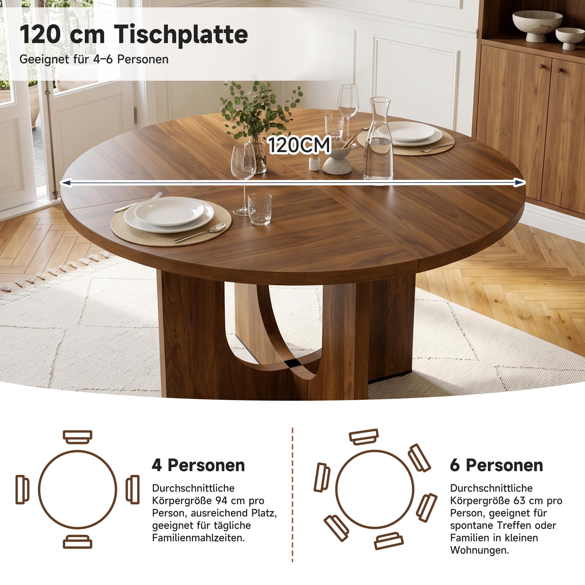 SUKY Tavolo da Pranzo Rotondo 120x120 cm Legno Noce per 4-6 Persone Senza Sedia Stile Scandinavo-Minimalista Design Classico Noce