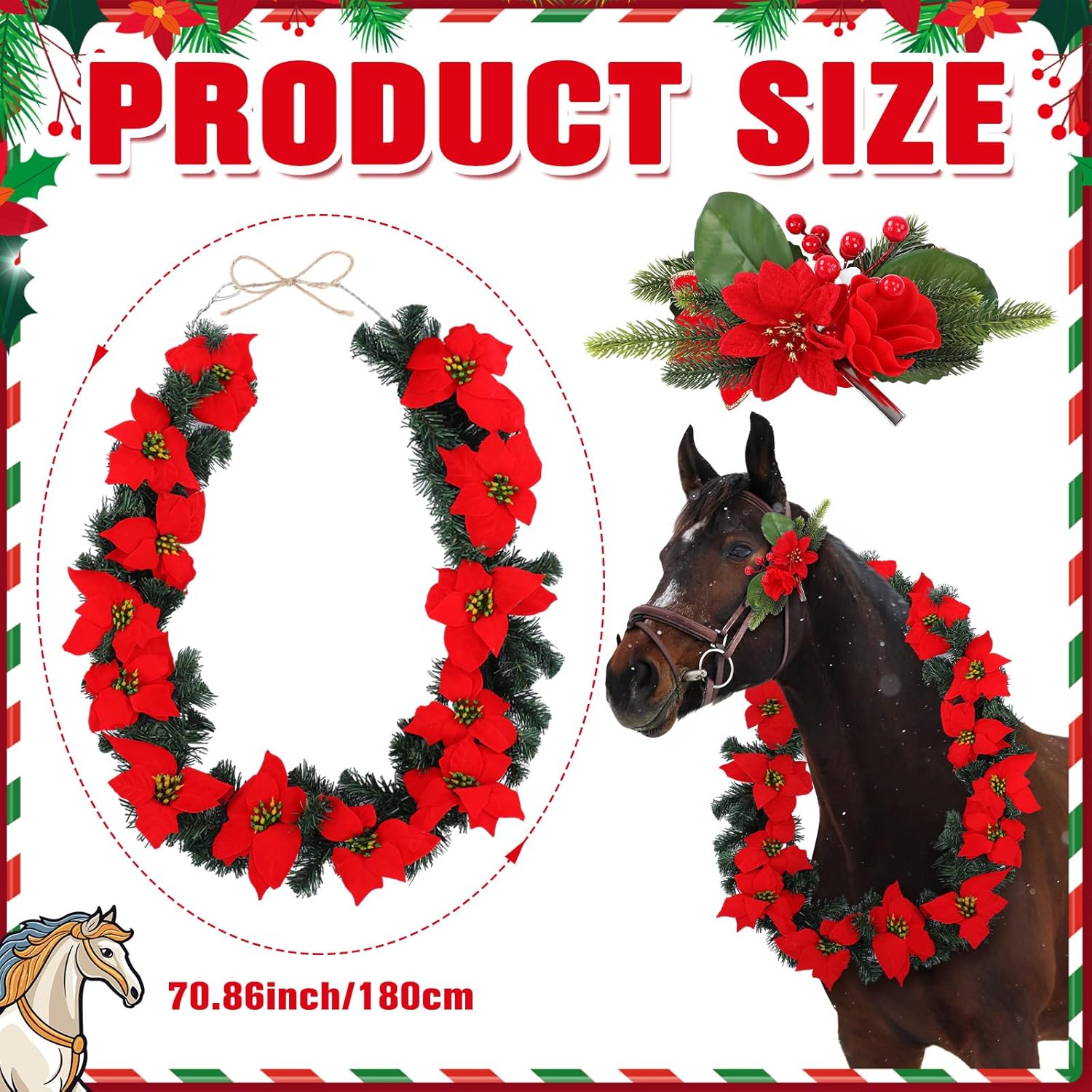 Christmas Wreath Horse Neck Garland & Halter Bridle Clip Set 70.9 Inches Artificial Poinsettia Garlands Horse Costume Accessories for Holiday Decor Christmas Party Parades Supplies