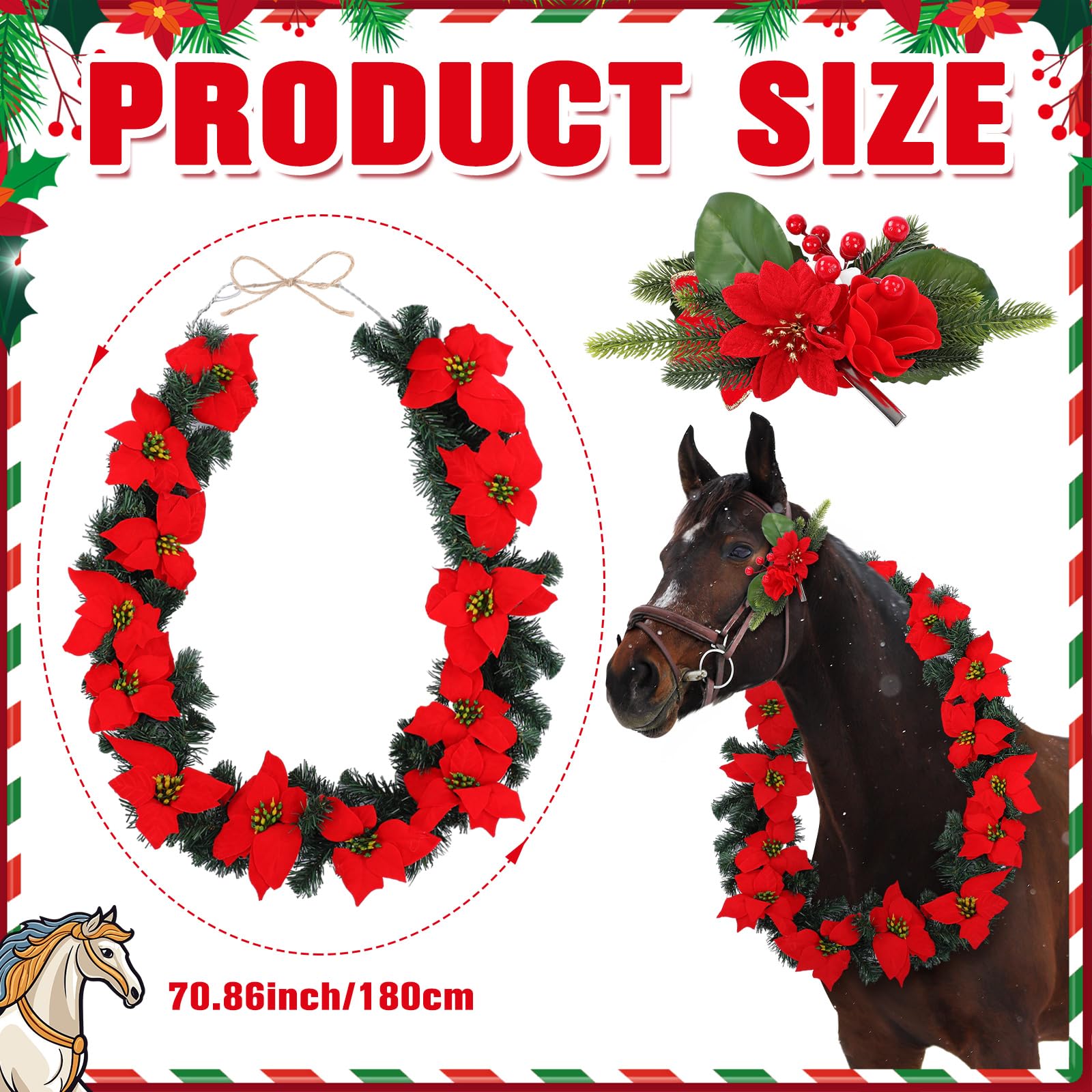 Dansydaisy Weihnachtskranz, Pferd, Halfter, Halfter, Zaumzeug, Clip-Set, 180 cm, künstliche Weihnachtsstern-Girlanden für Urlaubsdekoration, Pferde-Kostüm-Zubehör