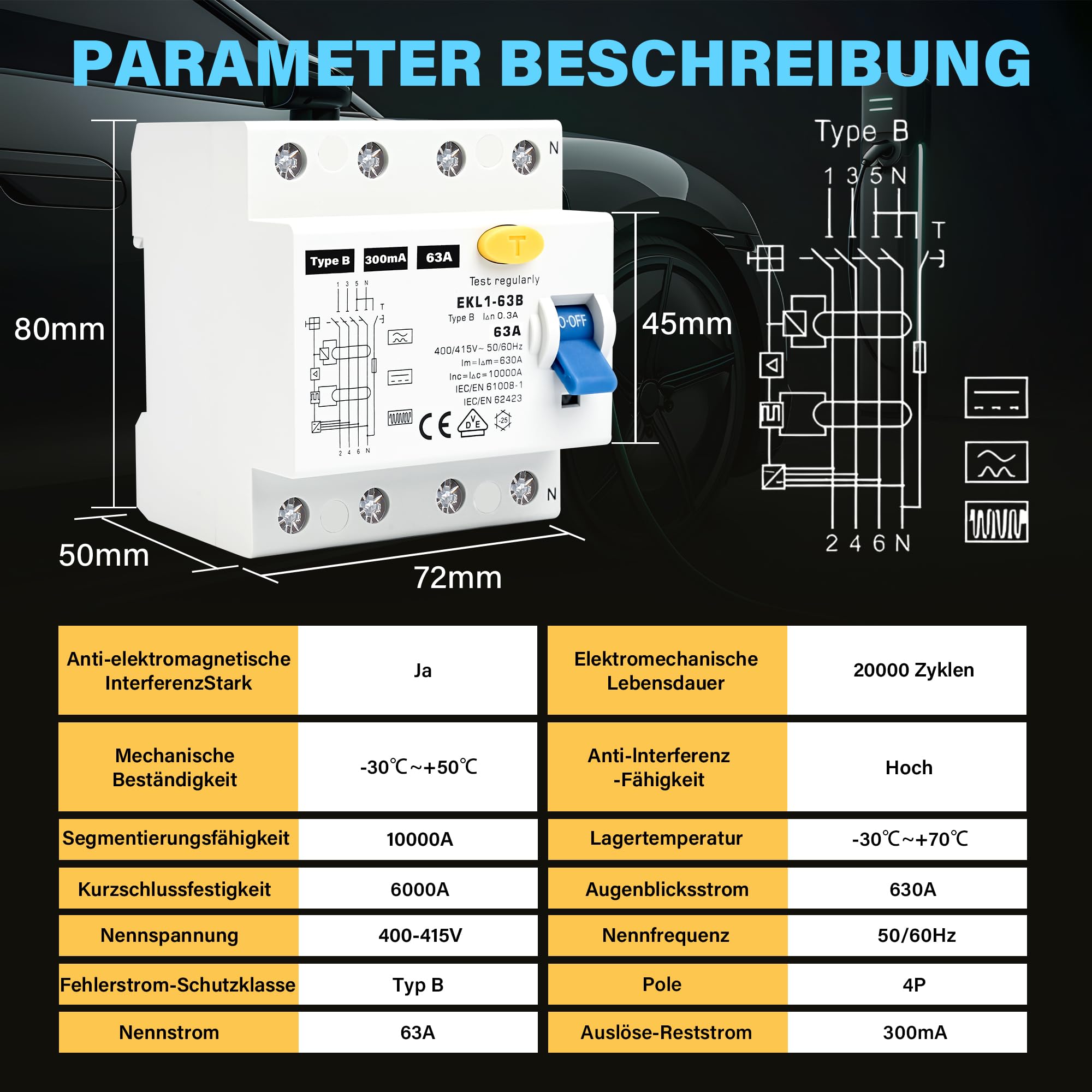 Warmfay® Disjoncteur FI type B 63 A 300 mA 4 broches certifié VDE | Disjoncteur de courant d'erreur RCD - Interrupteur automatique sensible à tout courant - Pour boîtes murales - Station de
