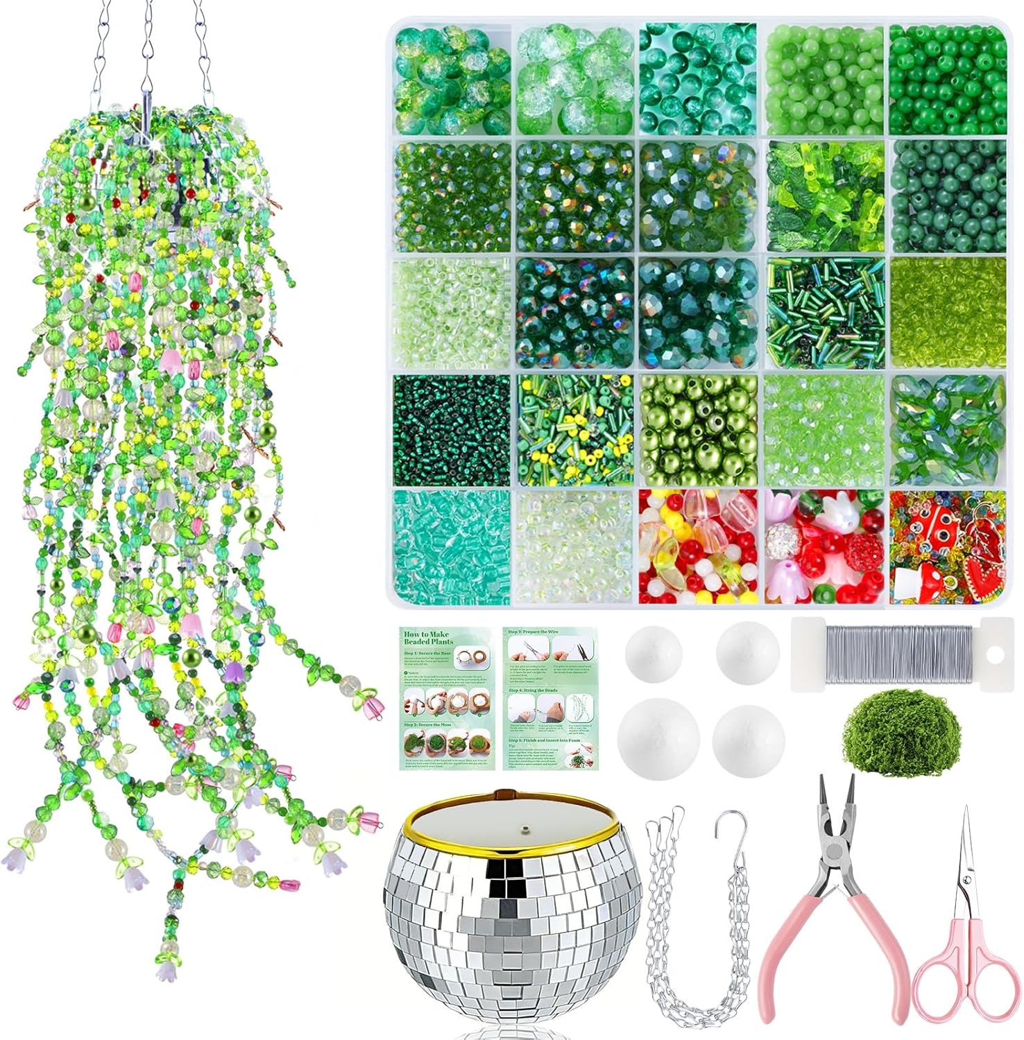 FOGWOWO 5057 Pcs Beaded Plant Kit for Mirror Disco Ball Planter Making,Green Beads for Beaded Plants with Hanging Chain,Crystal Green Glass Beads Leaf Bead for Plant Making DIY Craft