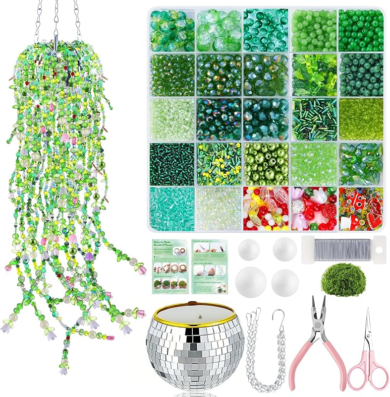 FOGWOWO 5057 Pcs Beaded Plant Kit,Glass Green Beads with Disco Ball & Chain | Forever Plant Beads Kit with Manual & Video Tutorials,Beaded Plants,Crystal Leaf Bead,for Jewelry Making DIY Craft,Suncatcher