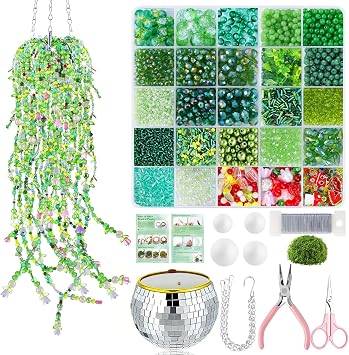 FOGWOWO 5057 Pcs Beaded Plant Kit,Glass Green Beads with Disco Ball & Chain | Forever Plant Beads Kit with Manual & Video Tutorials,Beaded Plants,Crystal Leaf Bead,for Jewelry Making DIY Craft,Suncatcher