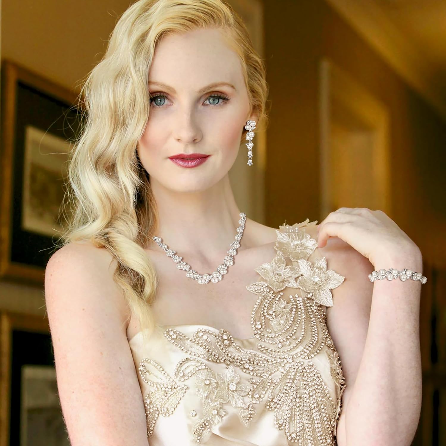 EVER FAITH Simulated Pearl Crystal Bridal Necklace Earrings Bracelet Set Clear
