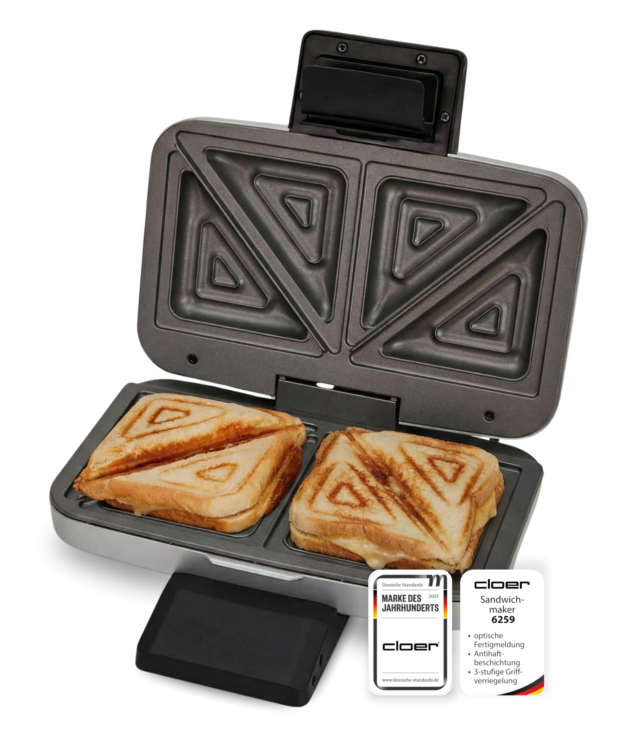 Cloer 6259 Sandwichmaker, 900 W für 2 diagonal geteilte Toasts, American Toasts, XXL Füllungen, Silber