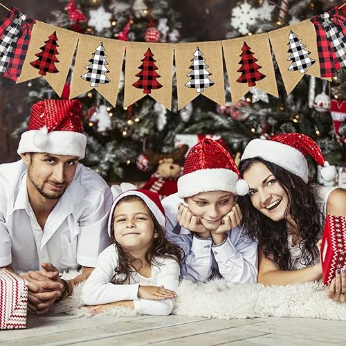 Miniatura 7 de Doumeny Pancarta de arpillera a cuadros de Navidad con diseño de búfalo para árbol de Navidad, guirnalda vintage de feliz Navidad, guirnalda de