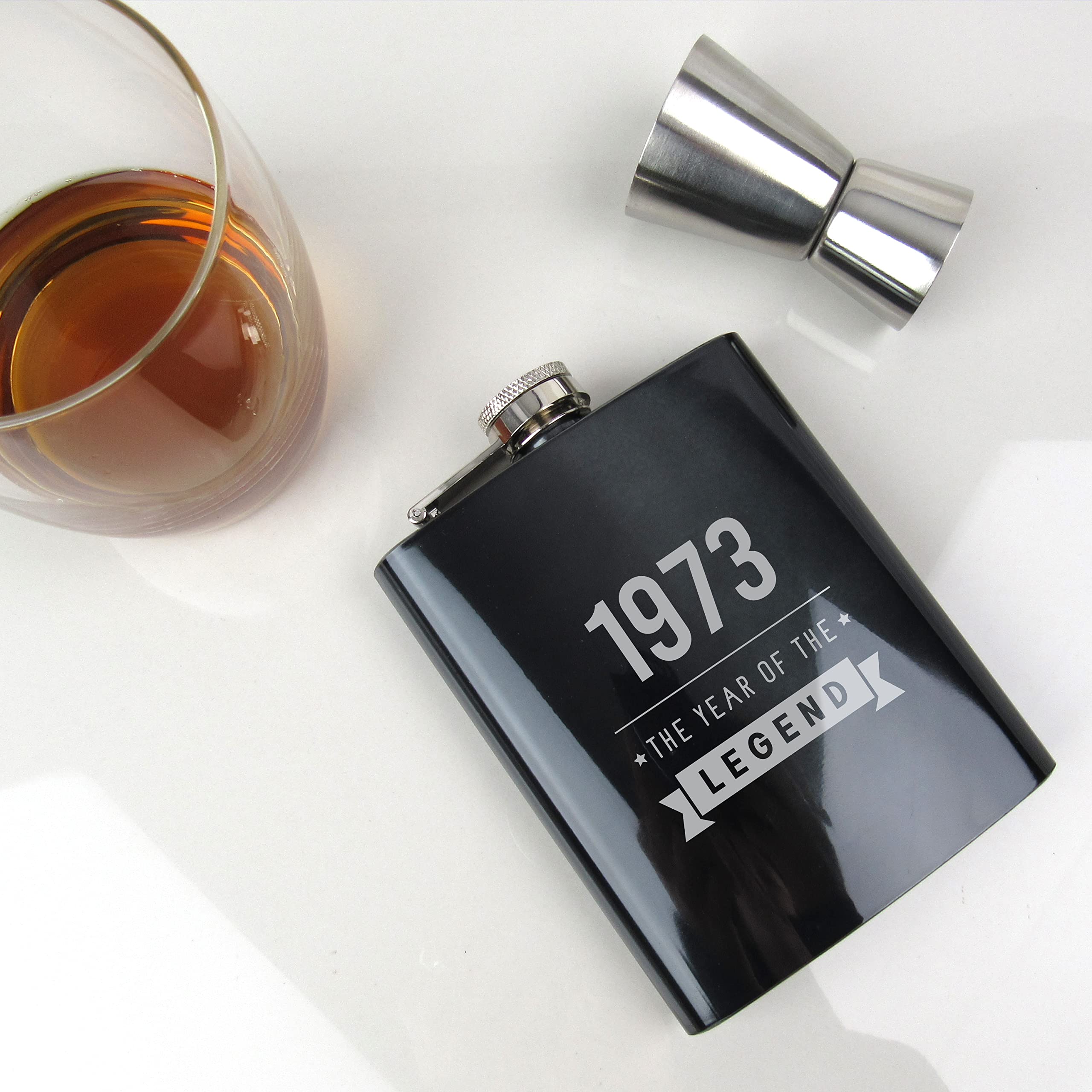 eBuyGB Engraved Black Stainless Steel Hip Flask -"1972 Year of The Legend" Design - 50th Birthday Gifts for Him, Men - Gift for Dad, Uncle, Brother - 7oz Drinks Canteen