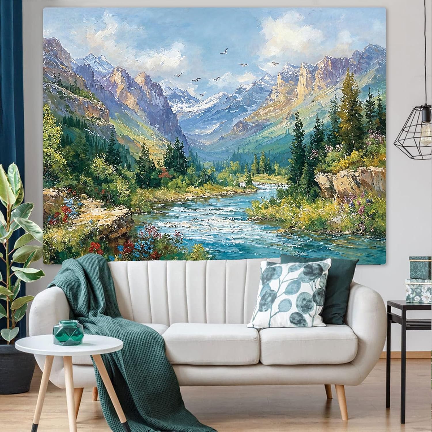 Yeoiat Art Tapestry Snow Mountain River Landscape Tapestries Oil Painting Nature Valley Wall Tapestry Majestic Alpine Scene Wall Hanging 60"x44"