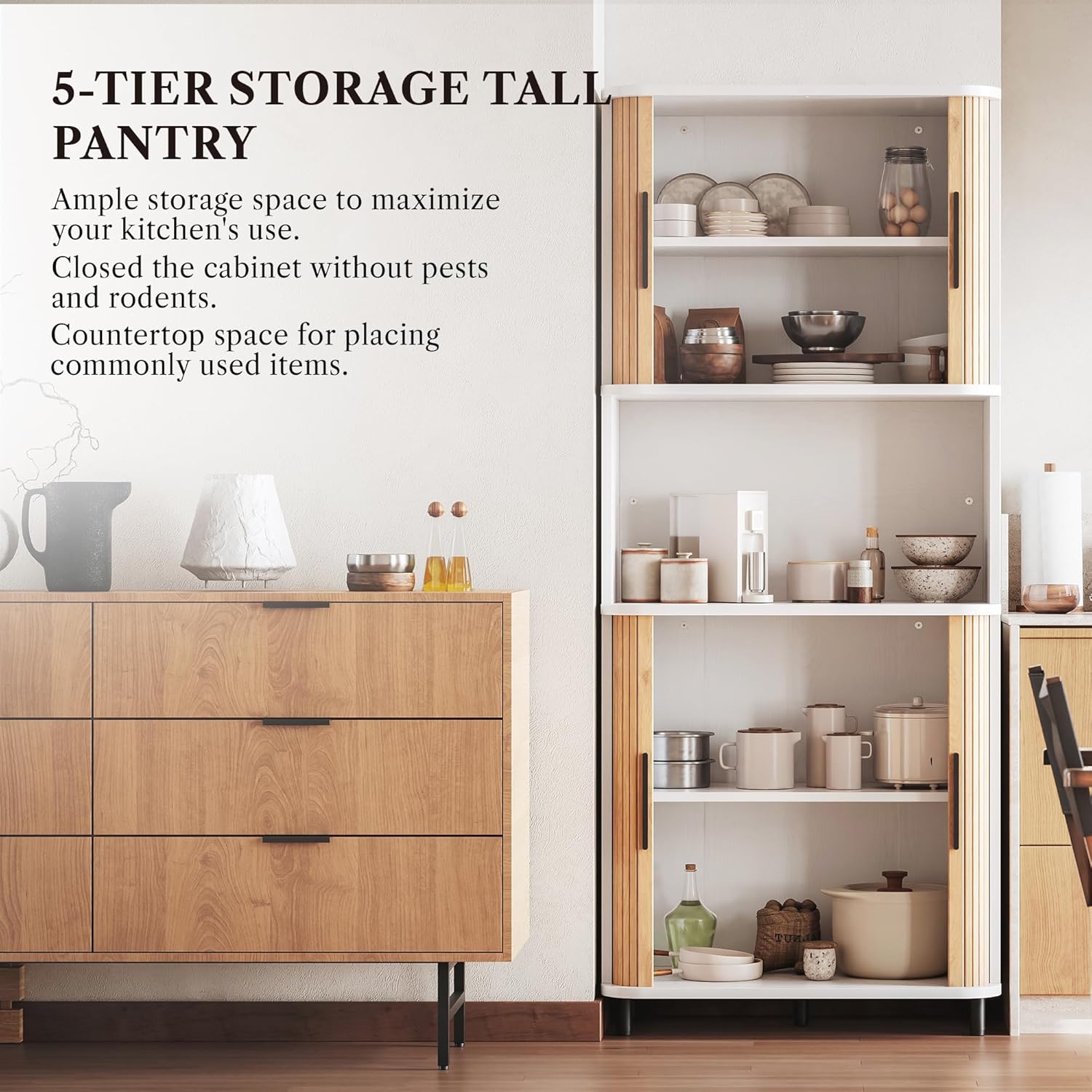 Wooden Pantry, 70.8" Tall Fluted Food Pantry Cabinet with Sliding Door and Shelves, Build-in Design, Kitchen Cabinet for Dining Room, Oak White