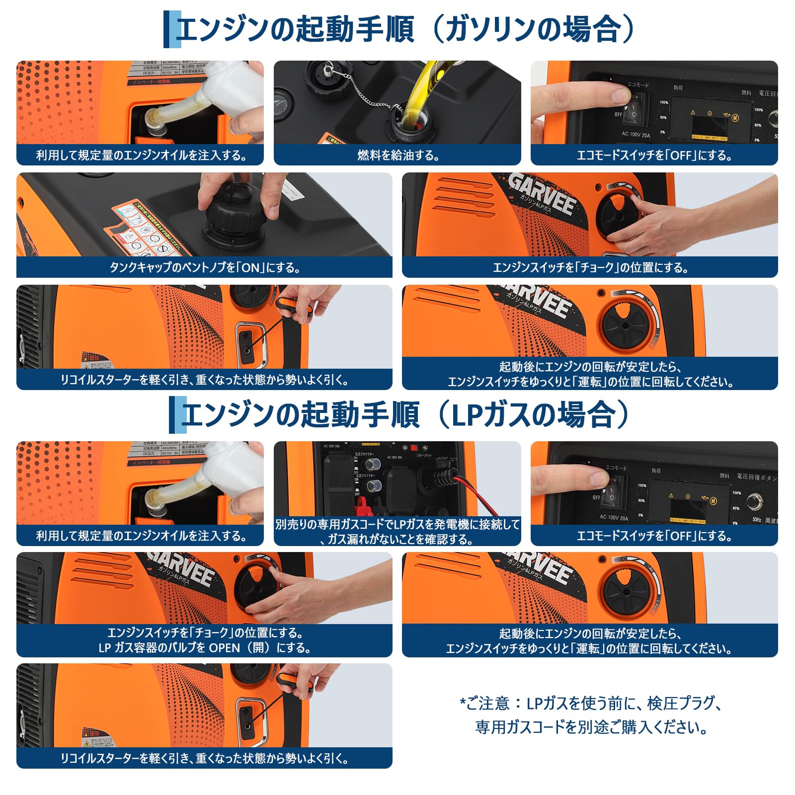 インバーター発電機 定格出力3.8/3.6kVA 最大出力3800W LPガス.ガソリン両用 静音型 ハイブリッド発電機 | 正弦波 10L燃料タンク… — 商品詳細画像 6