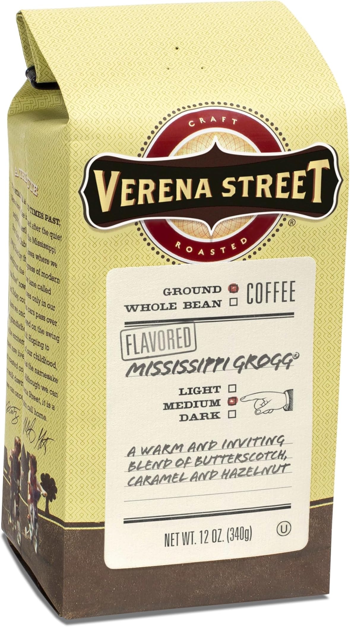 Verena Street 12 Ounce Flavored Ground Coffee, Mississippi Grogg, Medium Roast, Rainforest Alliance Certified Arabica Coffee