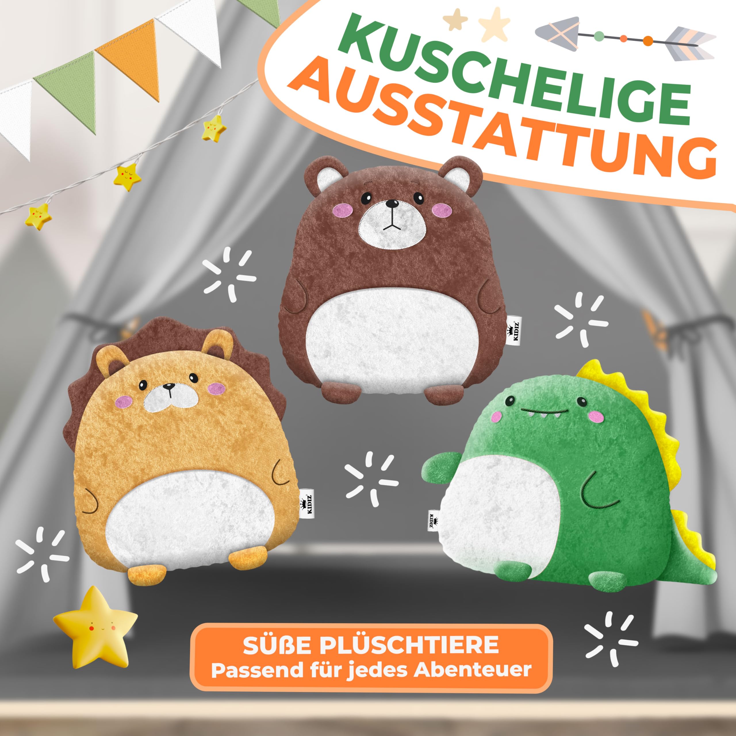 KIDIZ® Tipi Zelt für Kinder Spielzelt 100x100x160cm Kinderzelt aus Baumwolle mit LED-Lichterkette, Leuchtstern, Fahnengirlande, 3 Plüschtiere, Untermatte & Tragetasche Spielhaus für drinnen & draußen
