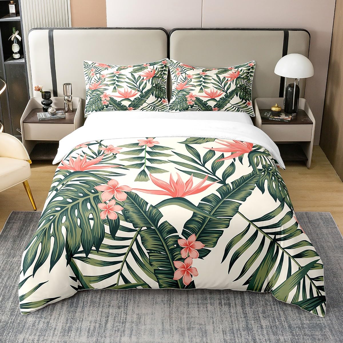 Loussiesd Tropical Leaves 100% Cotton Duvet Cover Single Size Palm Leaf Bedding Cotton Duvet Cover Set Botanical Floral Curtain Leaf Branches Comforter Cover Set Natural Theme Green Bedspread Cover