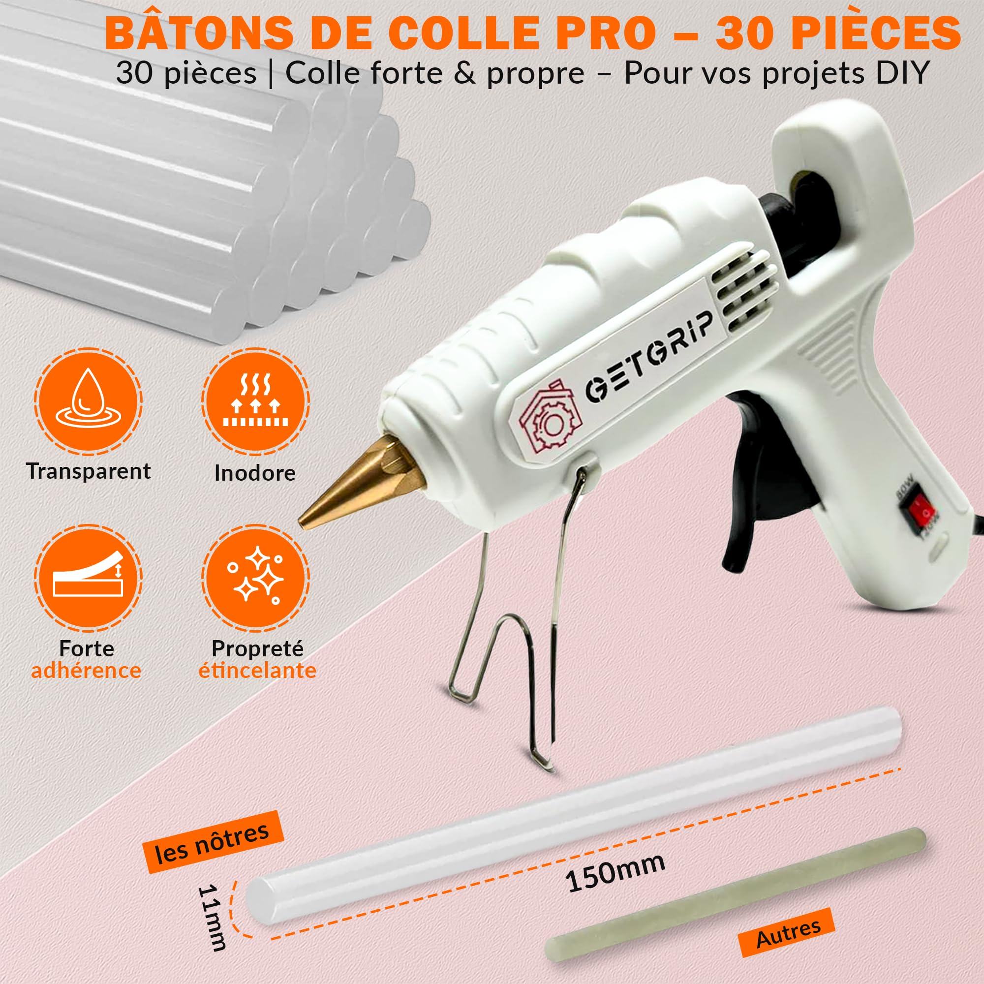 GETGRIP pistolet a colle chaude 80W Température Réglable – 30 Bâtons 11x150mm Inclus, 3 Protège-Doigts & Sac – Chauffage Rapide 60s pour DIY, Artisanat | pistolet a colle professional | glue gun