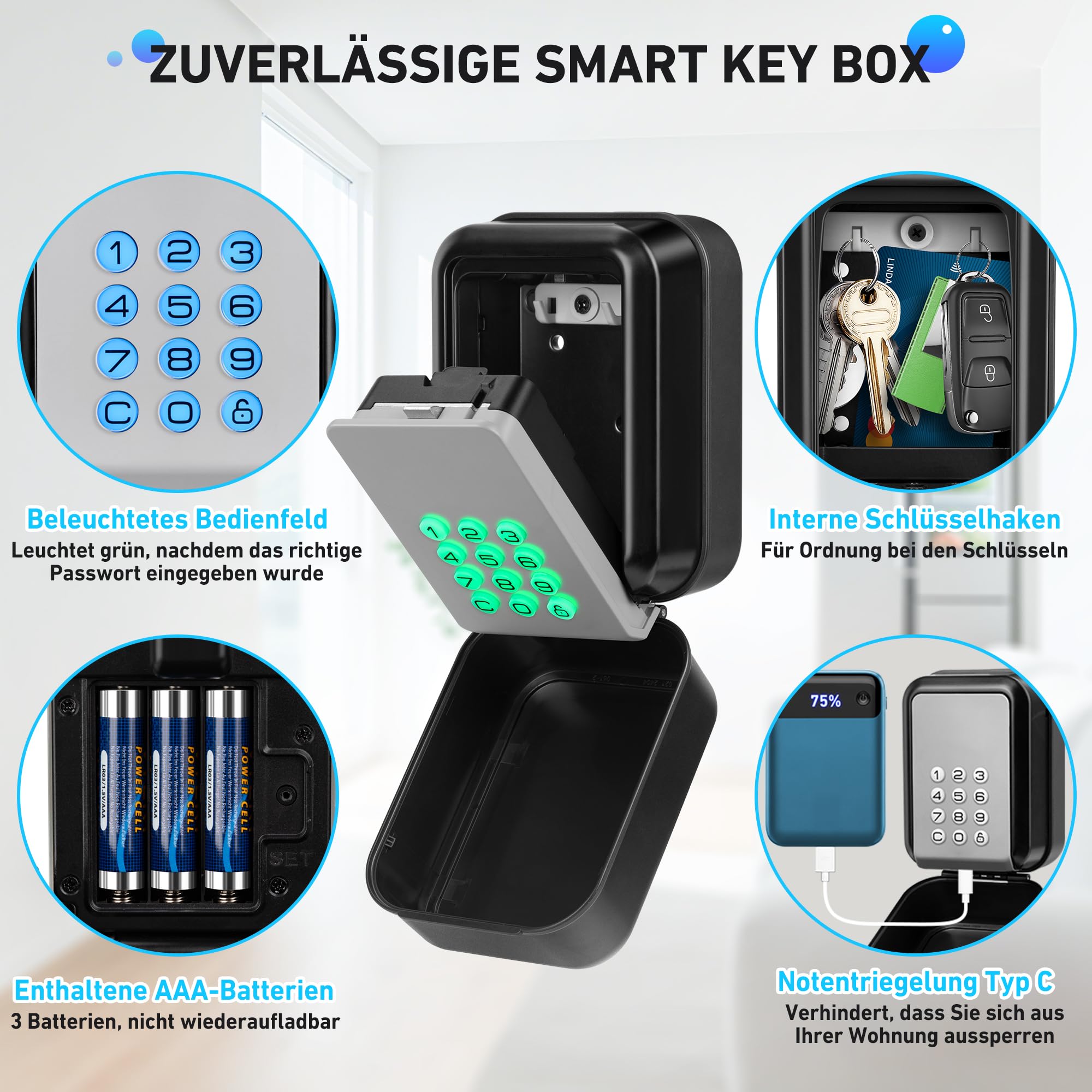 Boîte à Cléfs Sécurisée Exterieur |Bluetooth Connectée| Boitier Clefs Murale Digital Boite a Clef Connectee & Codes Multiples, IP65 Étanche Boite a Cle avec Code Rétroéclairé
